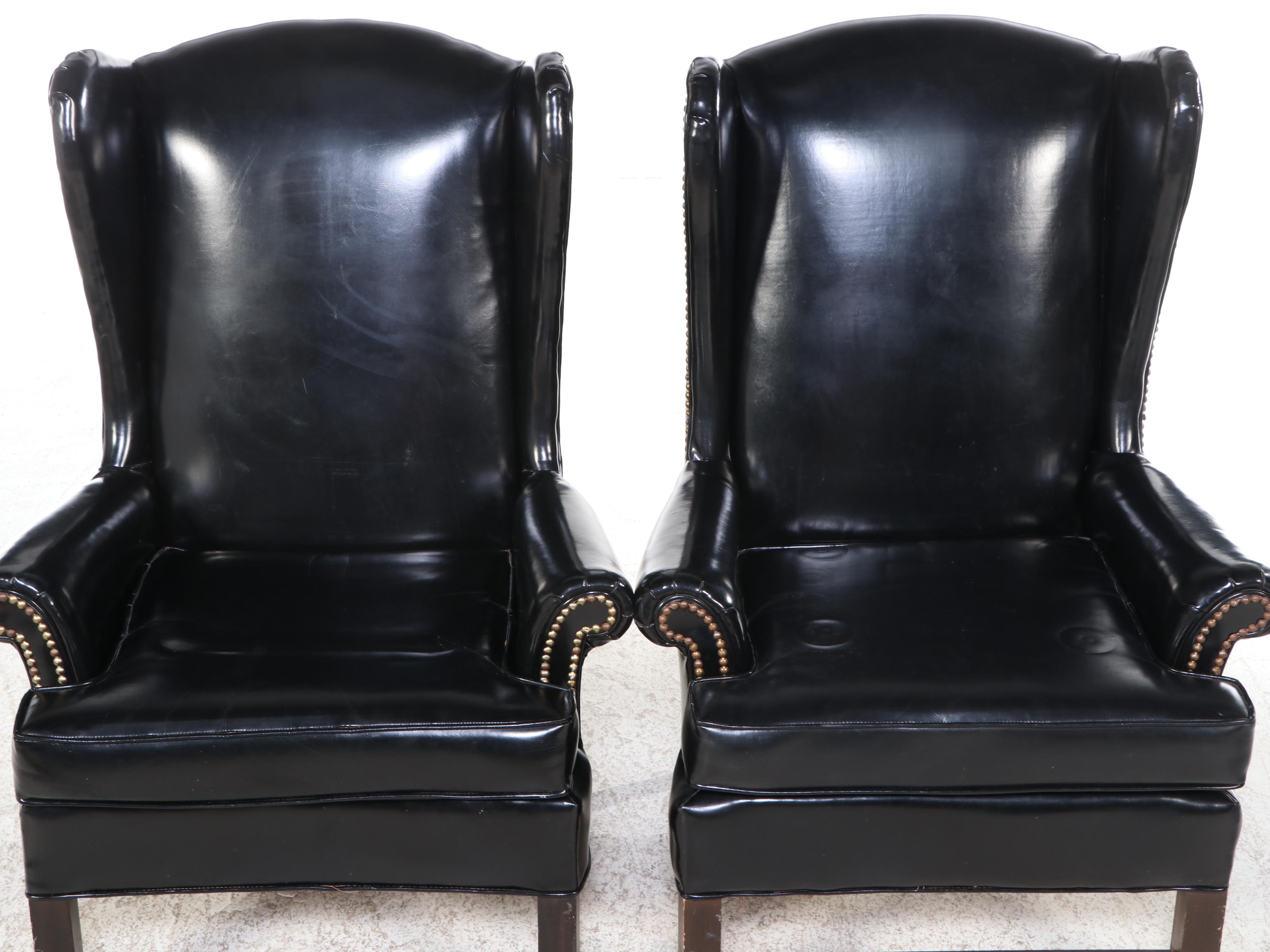 Two Kroehler Royale Chippendale Style Faux Leather Upholstered Wingback Chairs