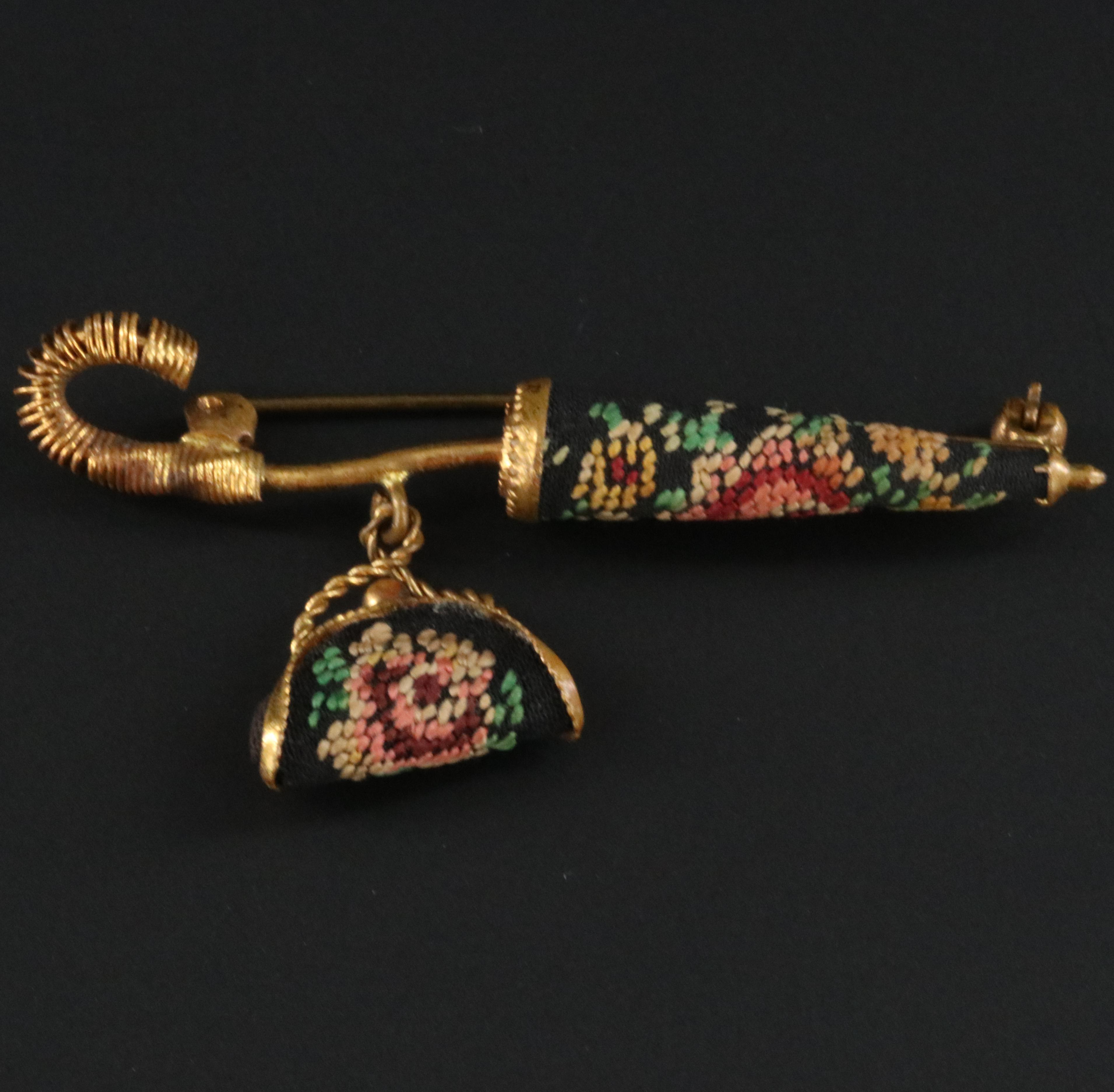 1950s Embroidered Umbrella and Bag Brooch