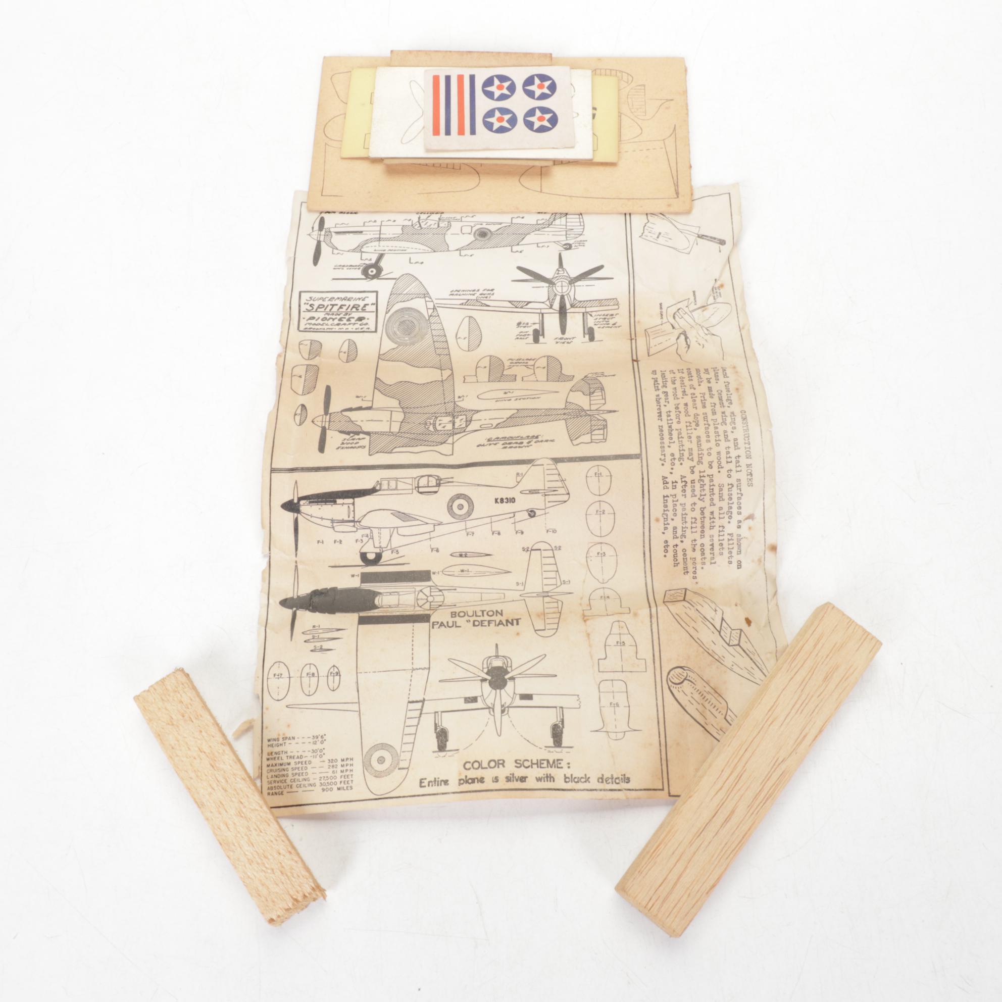 Pioneer Modelcraft "Spitfire" and "Defiant" Balsa and Cardboard Model Kit