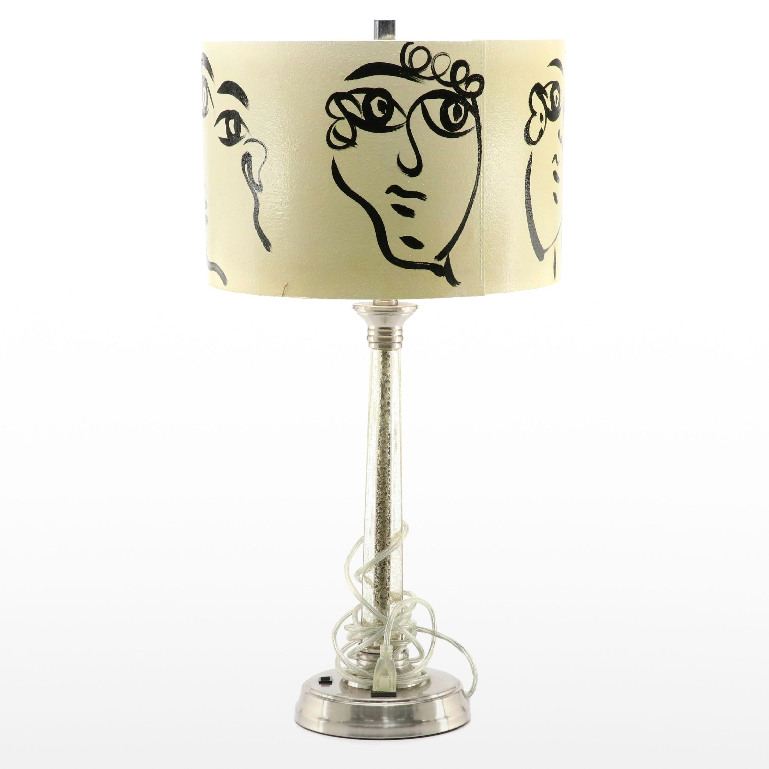 Peter Keil Painted Shade with Mercury Glass Column Table Lamp, 21st Century