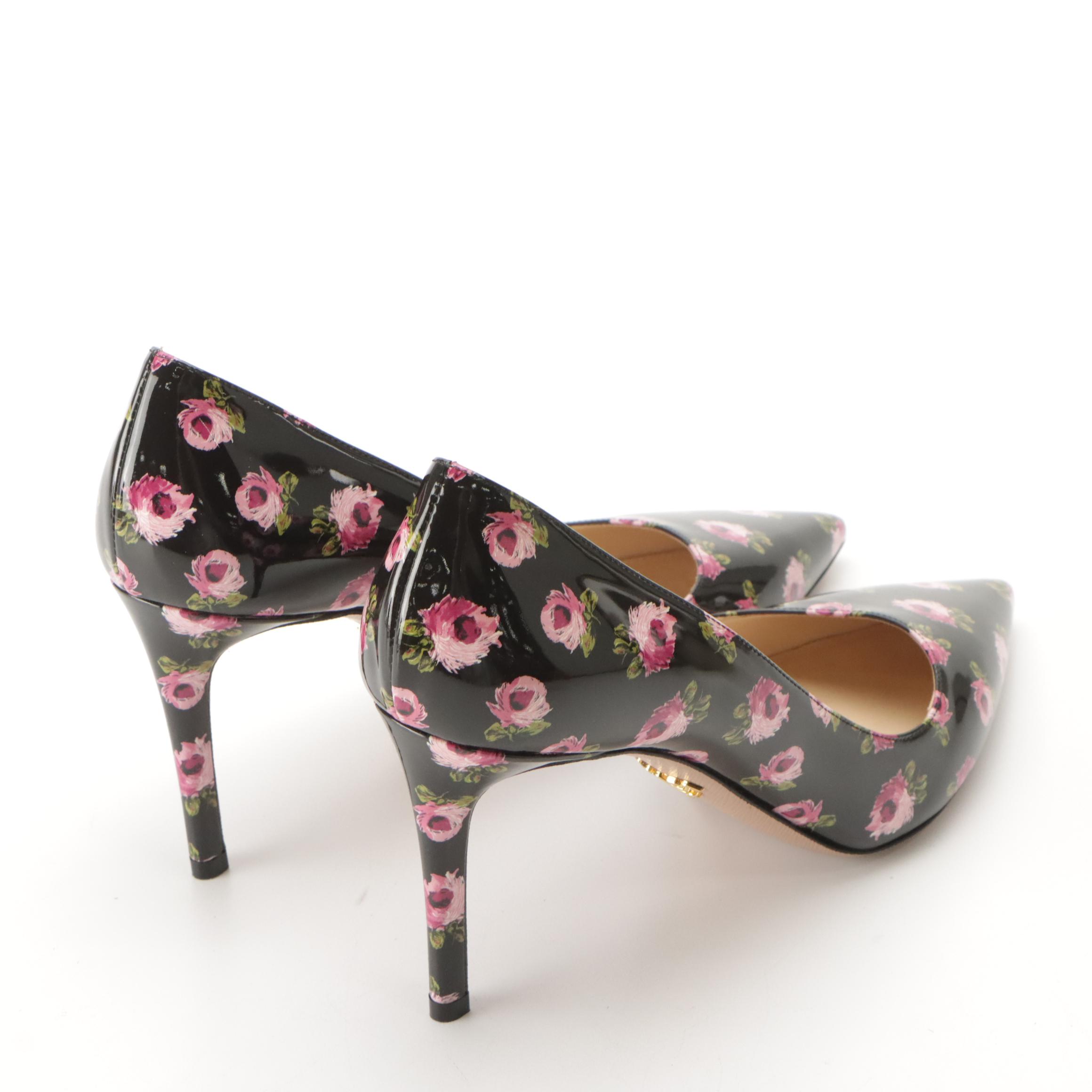 Prada Floral Print Patent Leather Pointy Toe High Heel Pumps