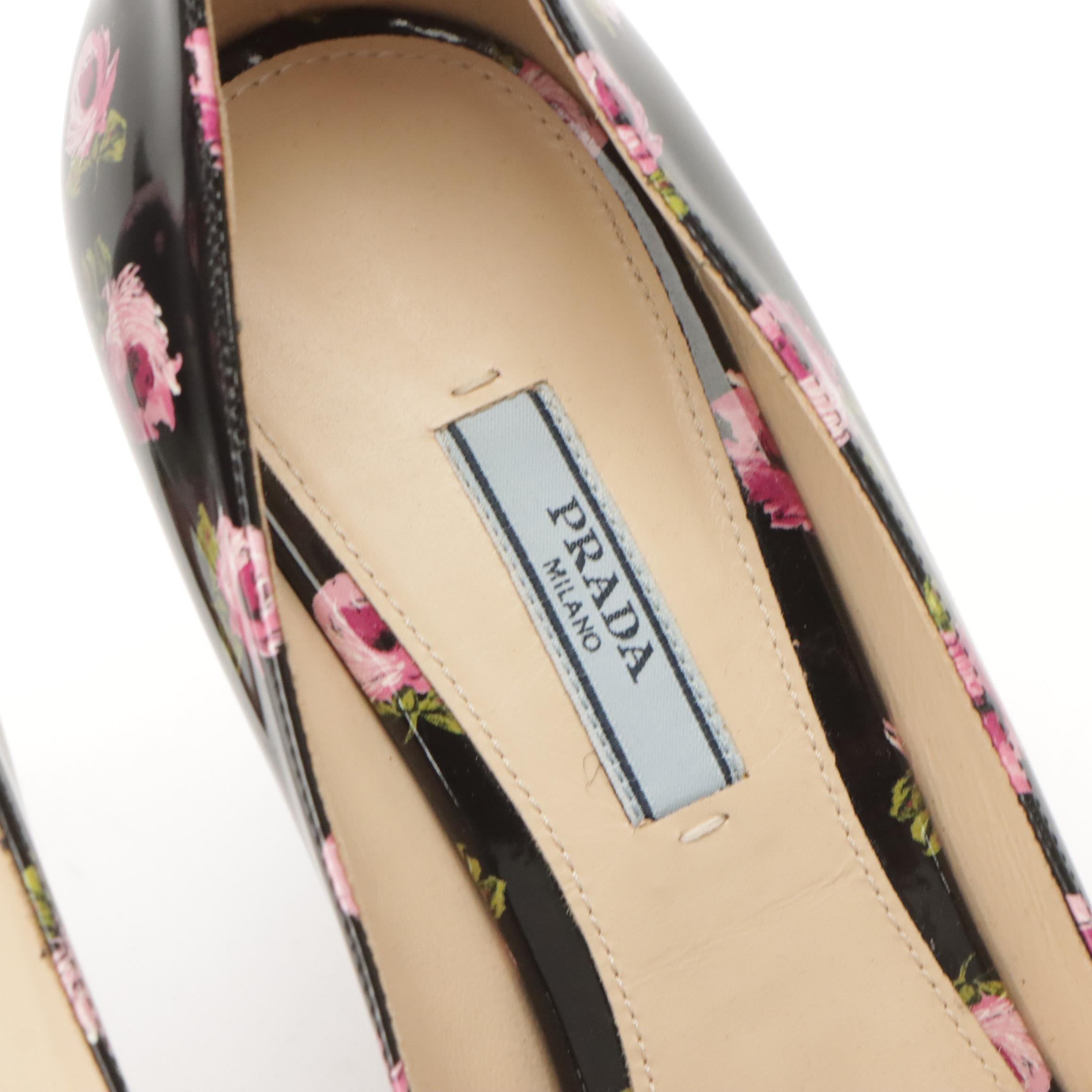 Prada Floral Print Patent Leather Pointy Toe High Heel Pumps