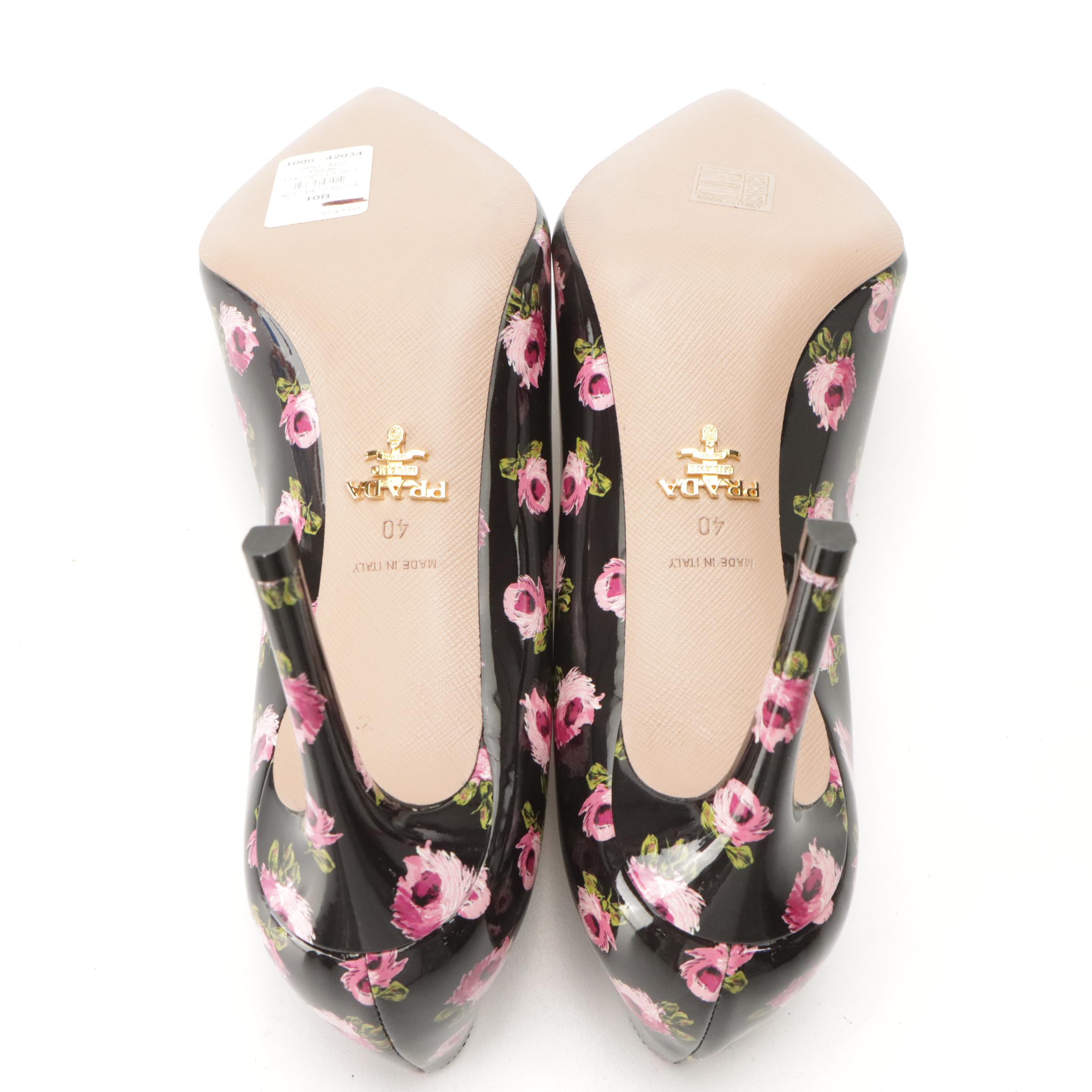 Prada Floral Print Patent Leather Pointy Toe High Heel Pumps
