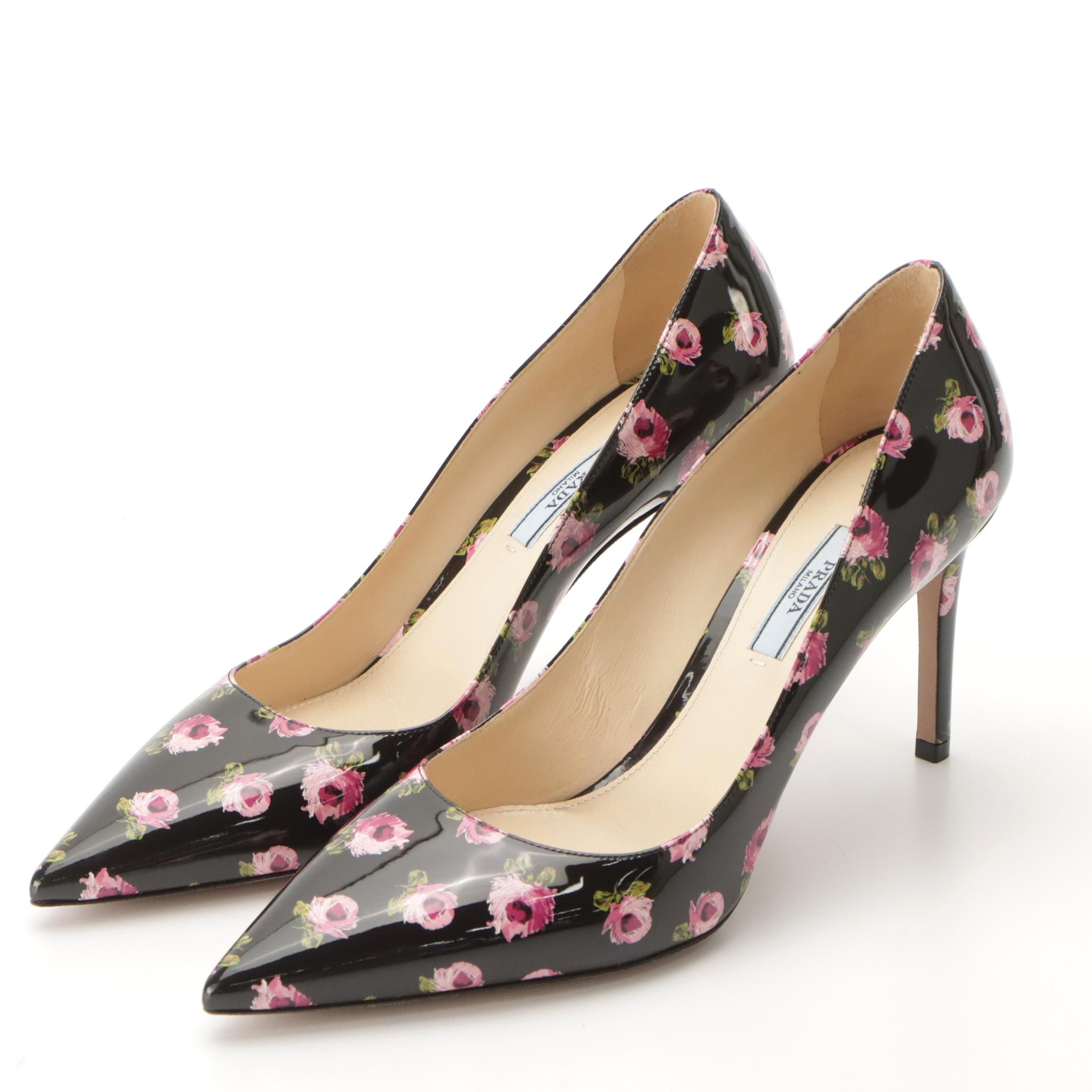 Prada Floral Print Patent Leather Pointy Toe High Heel Pumps