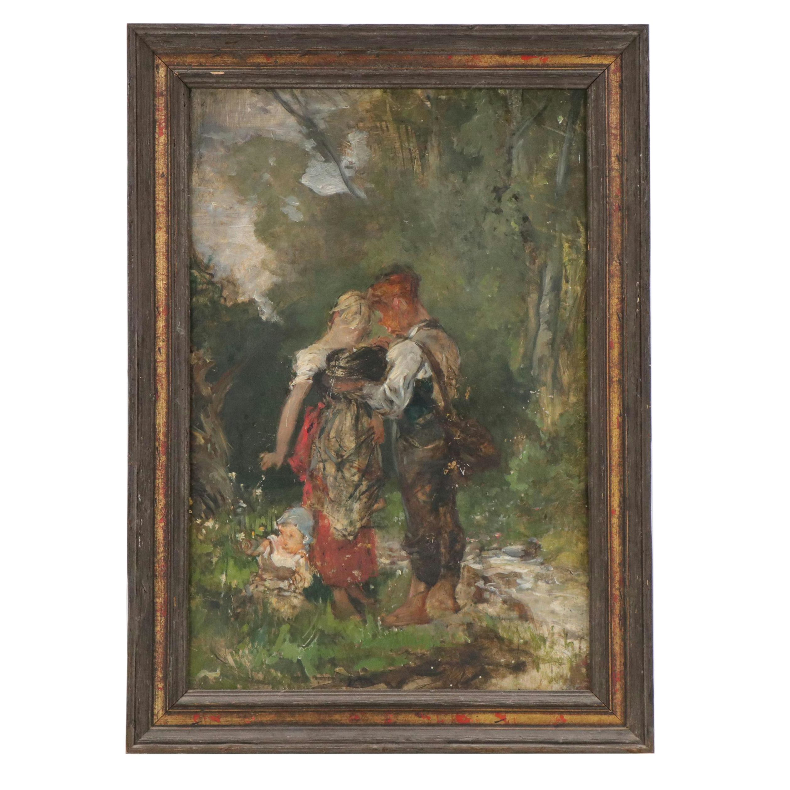 Oil Painting of Family in Woodland Landscape, 20th Century