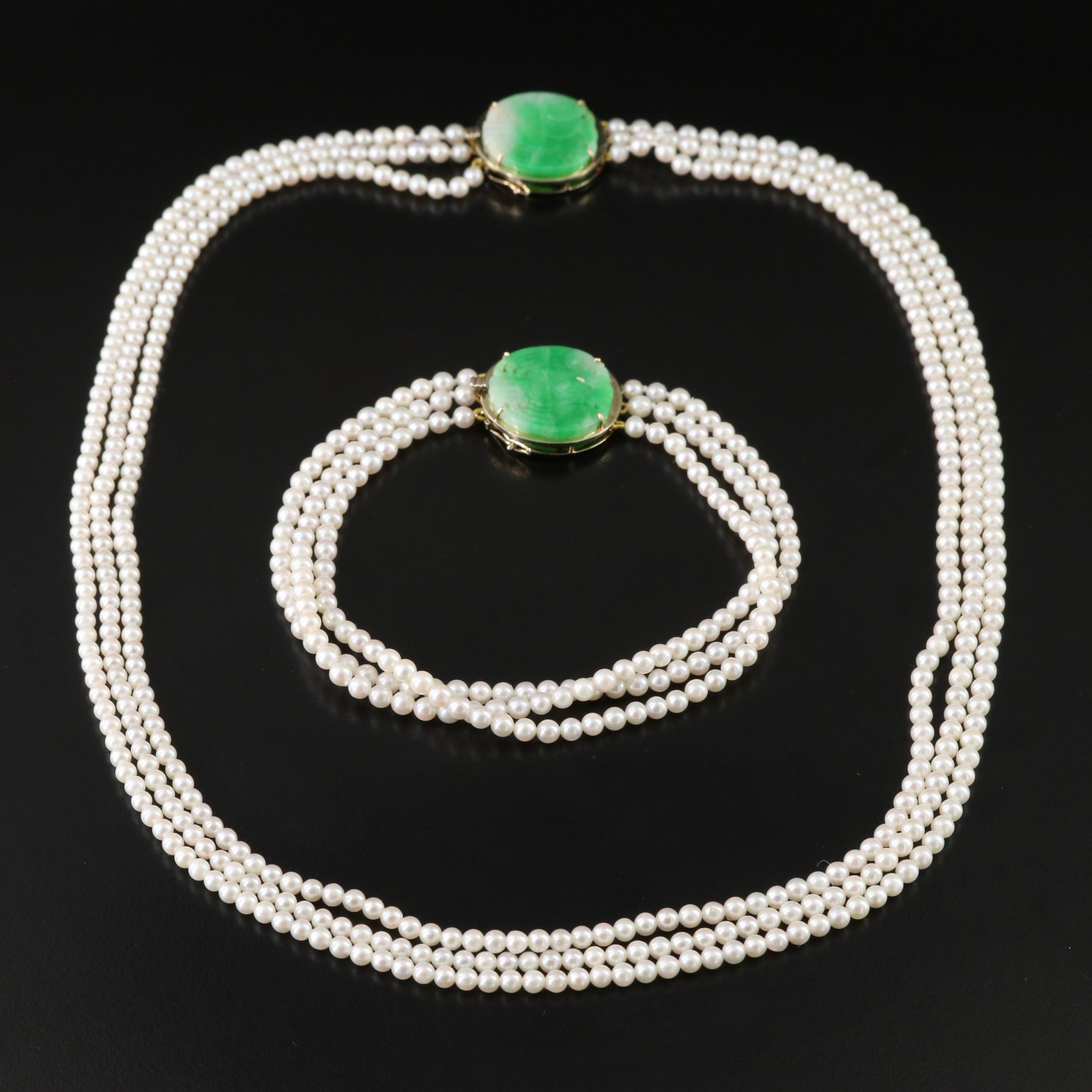 14K Convertible Jadeite and Pearl Necklace and Bracelet Set