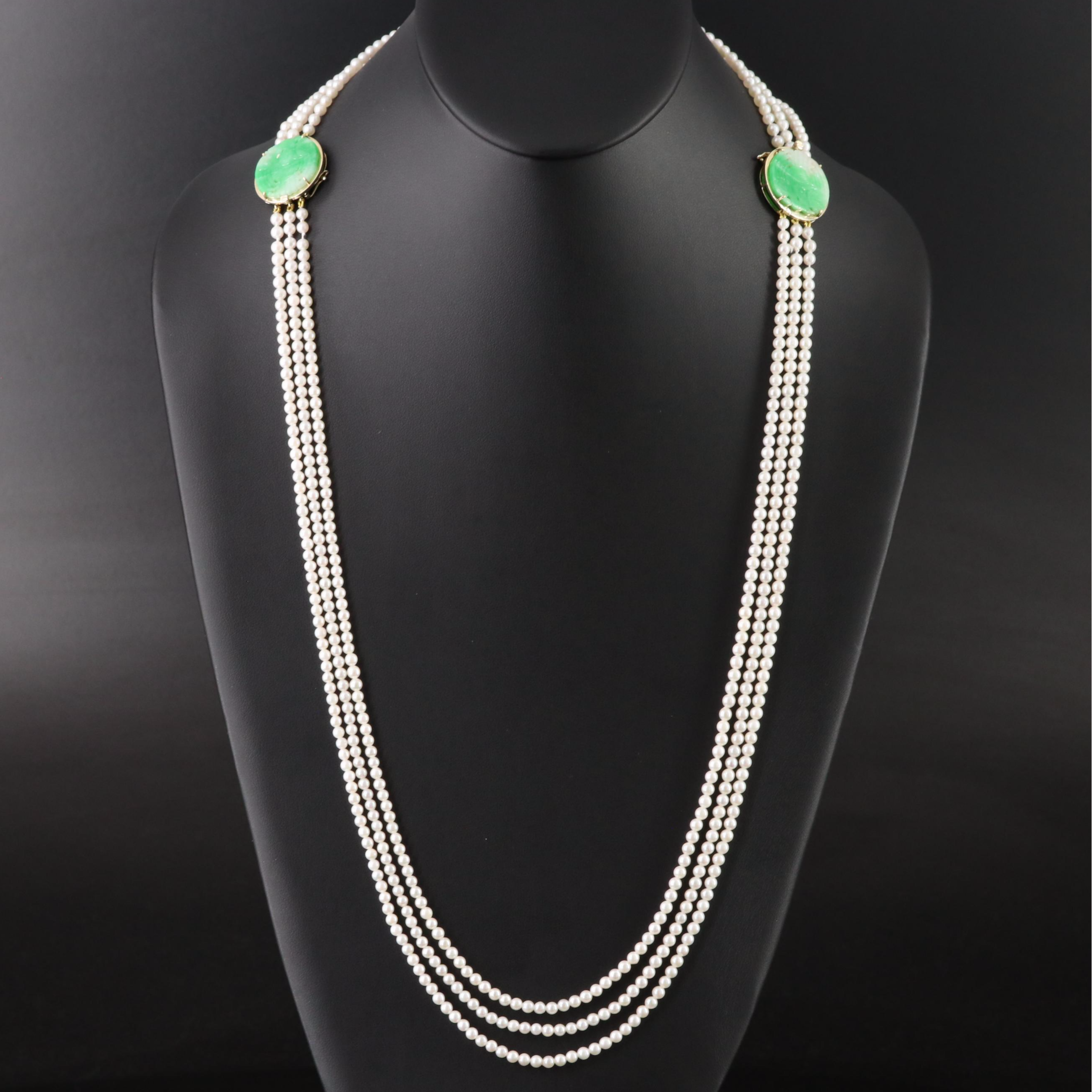14K Convertible Jadeite and Pearl Necklace and Bracelet Set