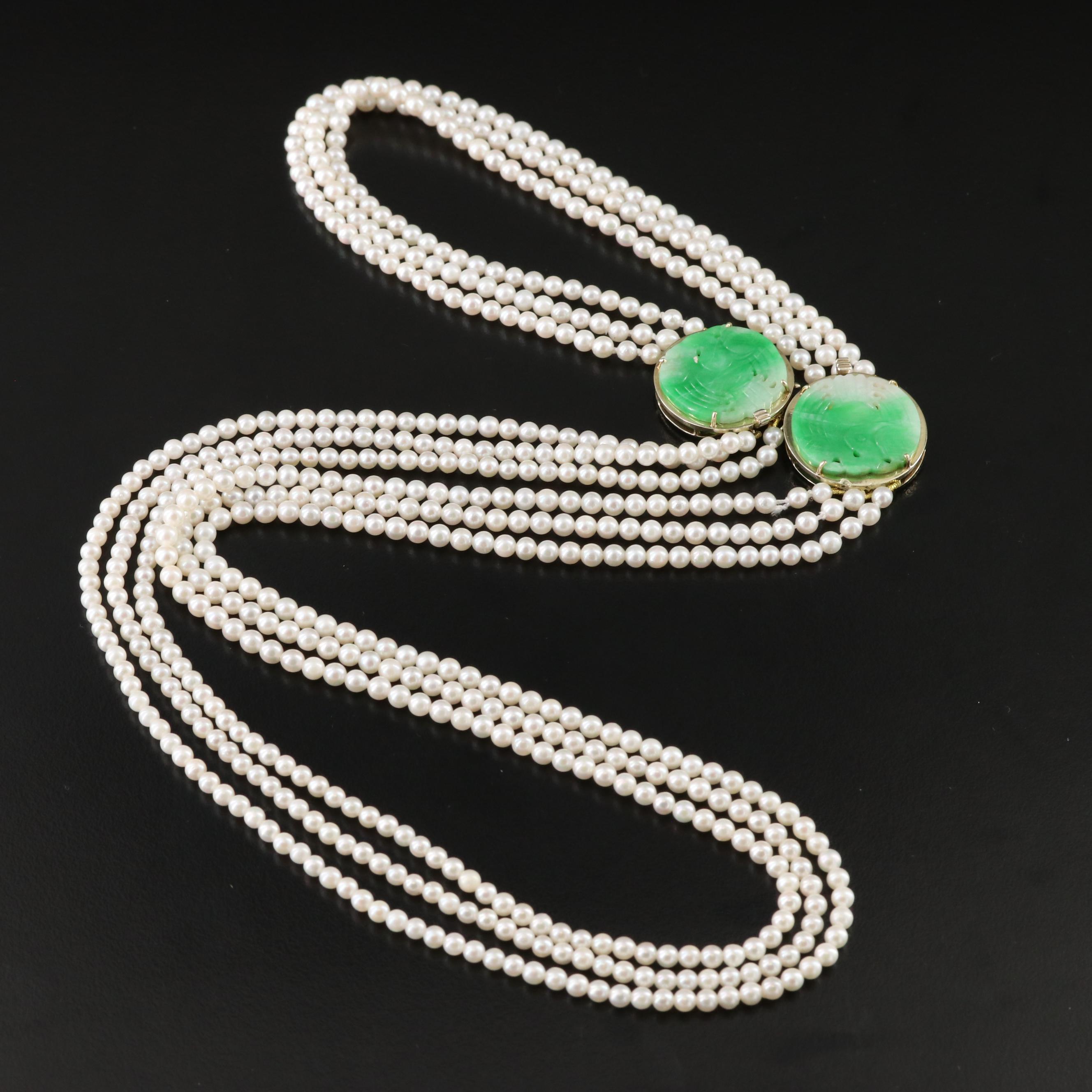 14K Convertible Jadeite and Pearl Necklace and Bracelet Set