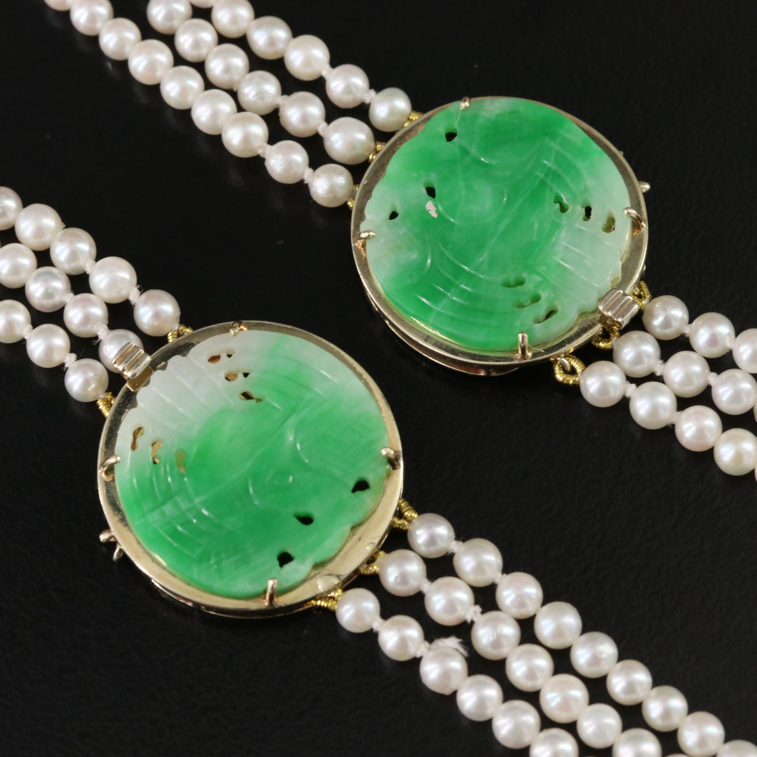 14K Convertible Jadeite and Pearl Necklace and Bracelet Set
