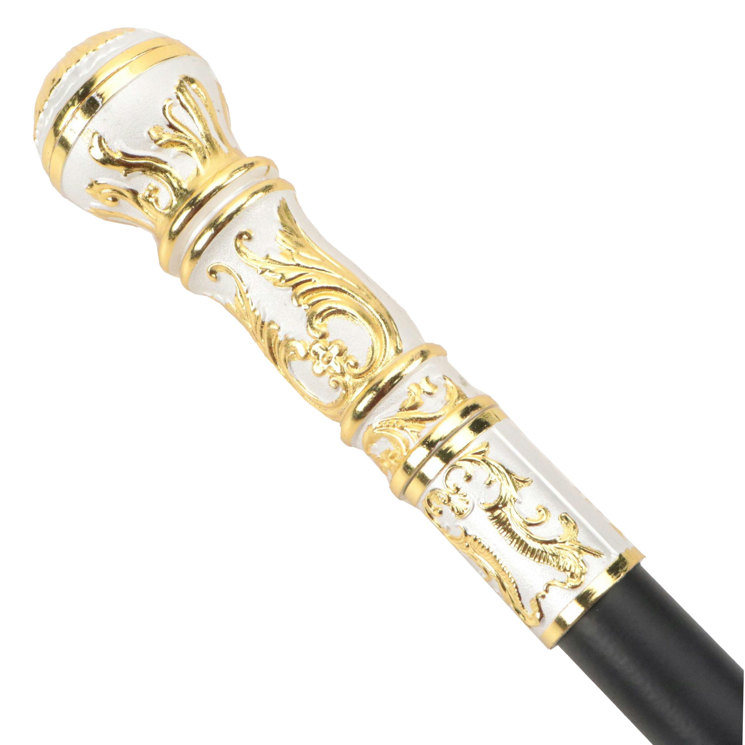 Gold Tone Embossed Acanthus Leaf on White Handle Sword Cane