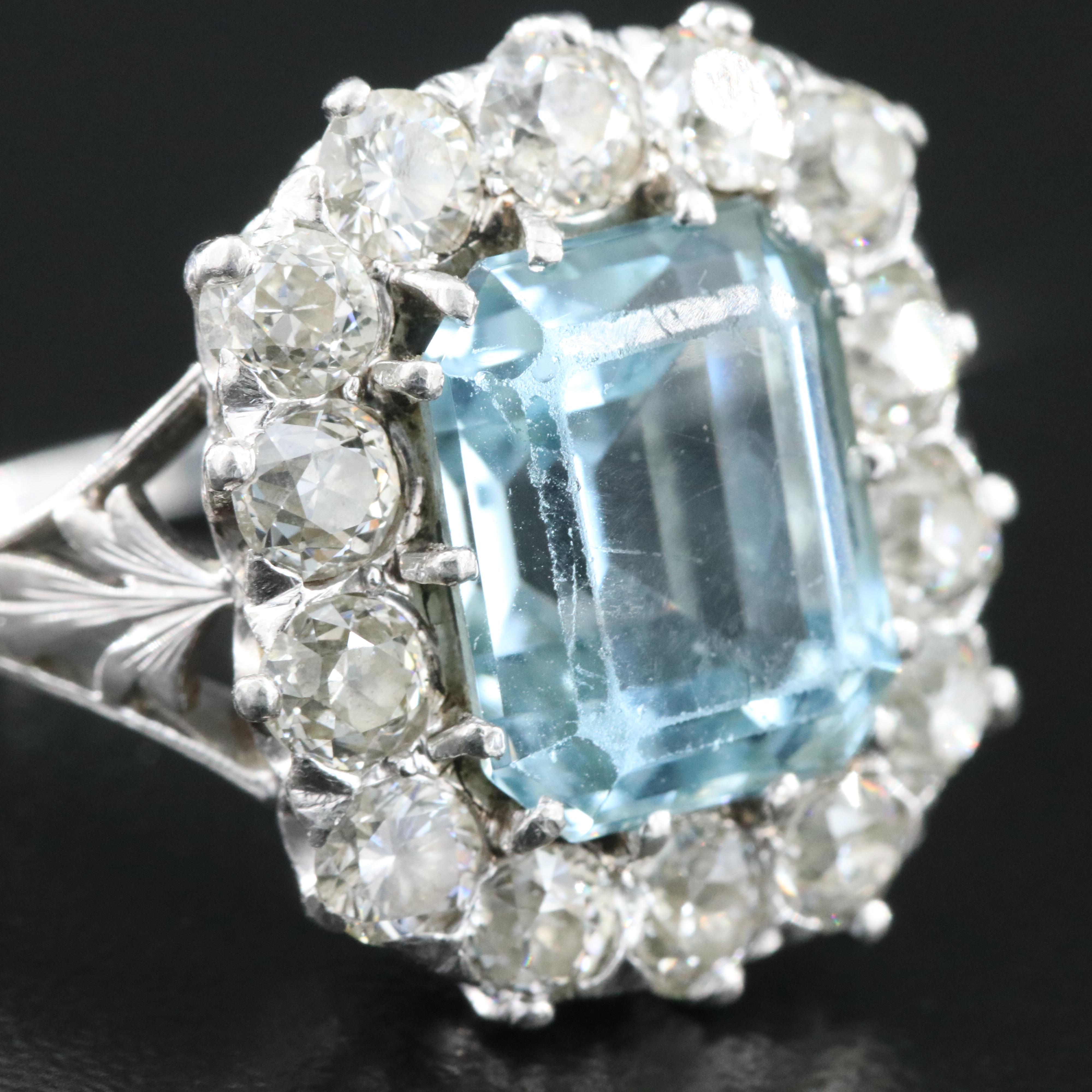 Tiffany & Co. 1930s Platinum, 4.73 CTW Aquamarine, and 2.02 CTW Diamond Ring