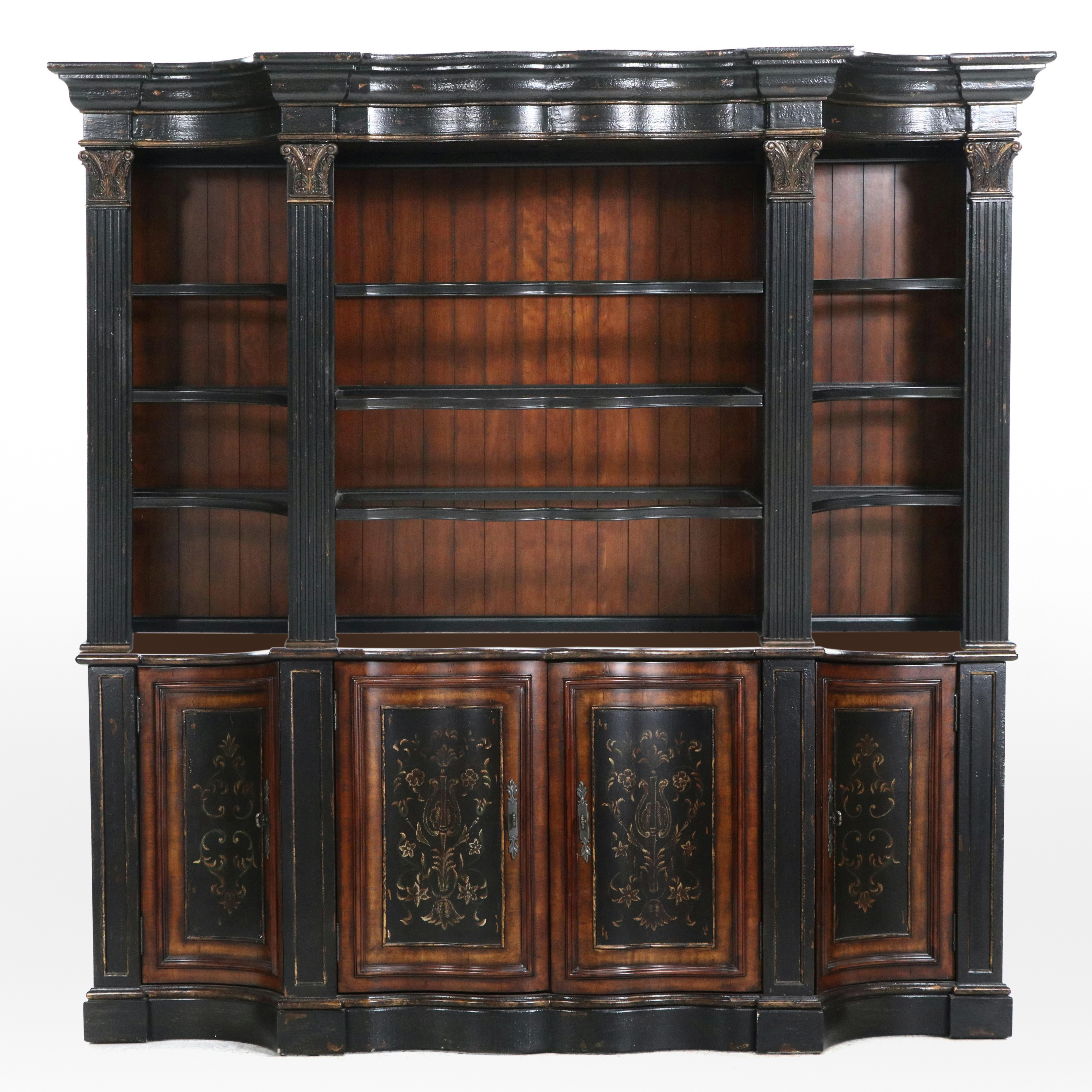 Hooker Seven Seas Collection Ebonized and Parcel Gilt Serpentine-Front Bookcase