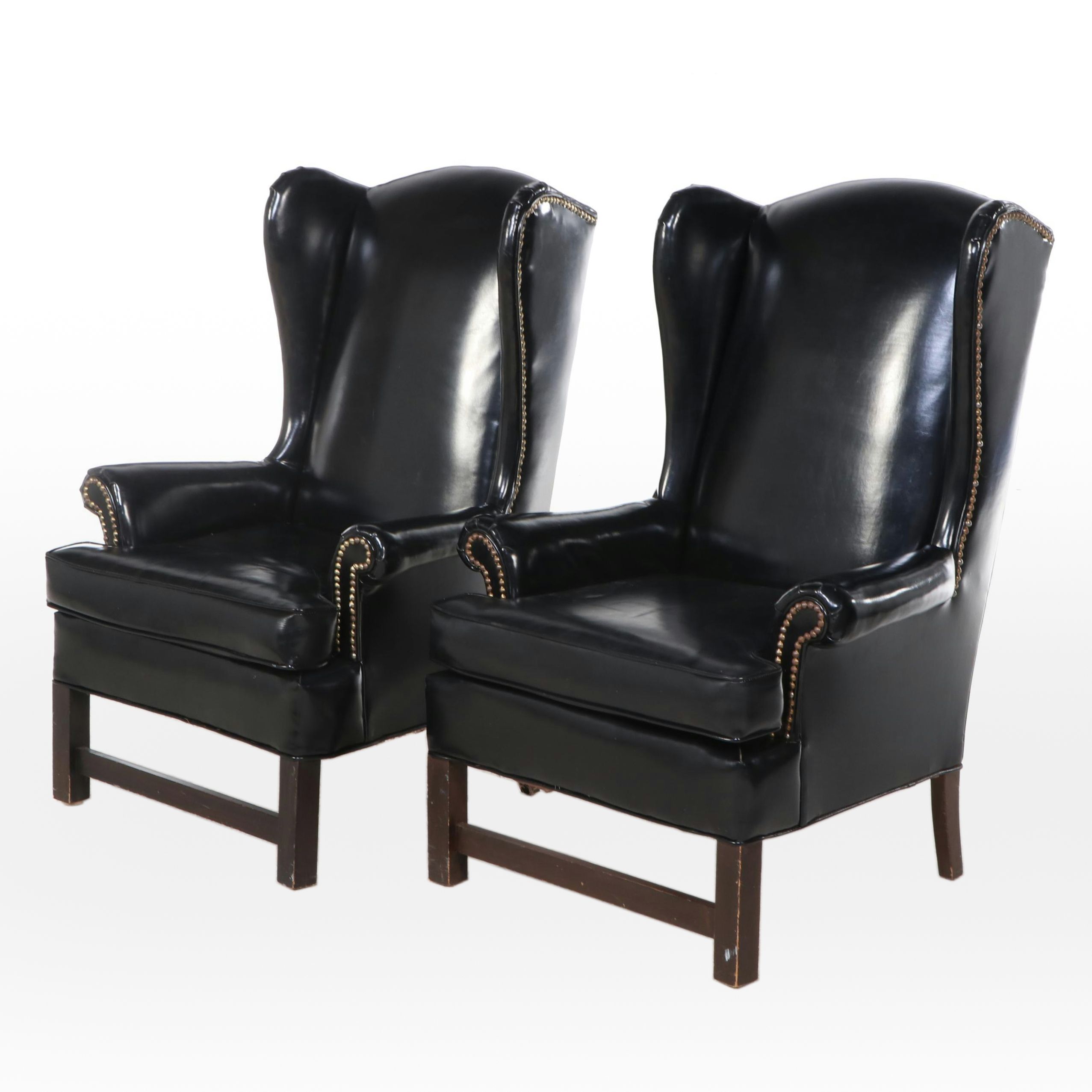 Two Kroehler Royale Chippendale Style Faux Leather Upholstered Wingback Chairs