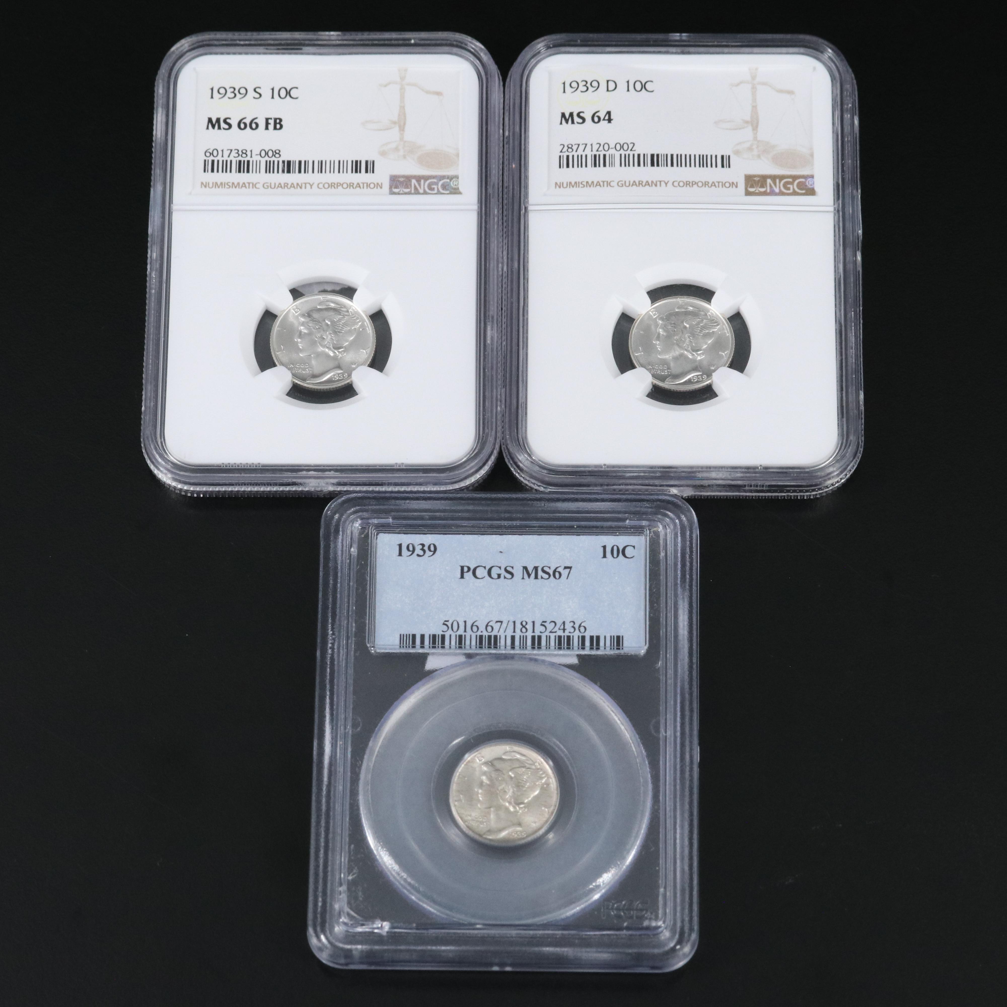 Three Graded Uncirculated Mercury Silver Dimes, 1939, 1939-D, 1939-S
