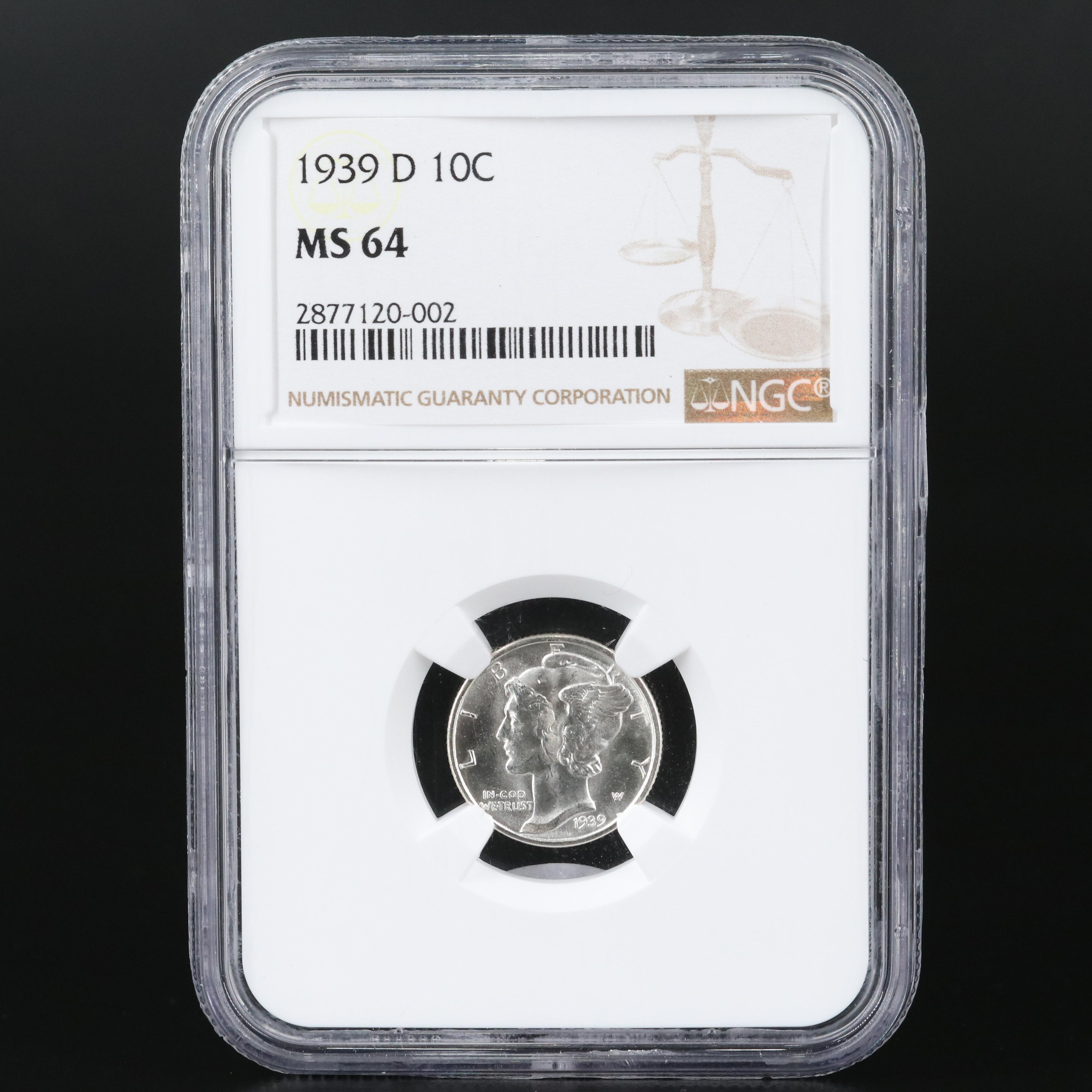 Three Graded Uncirculated Mercury Silver Dimes, 1939, 1939-D, 1939-S