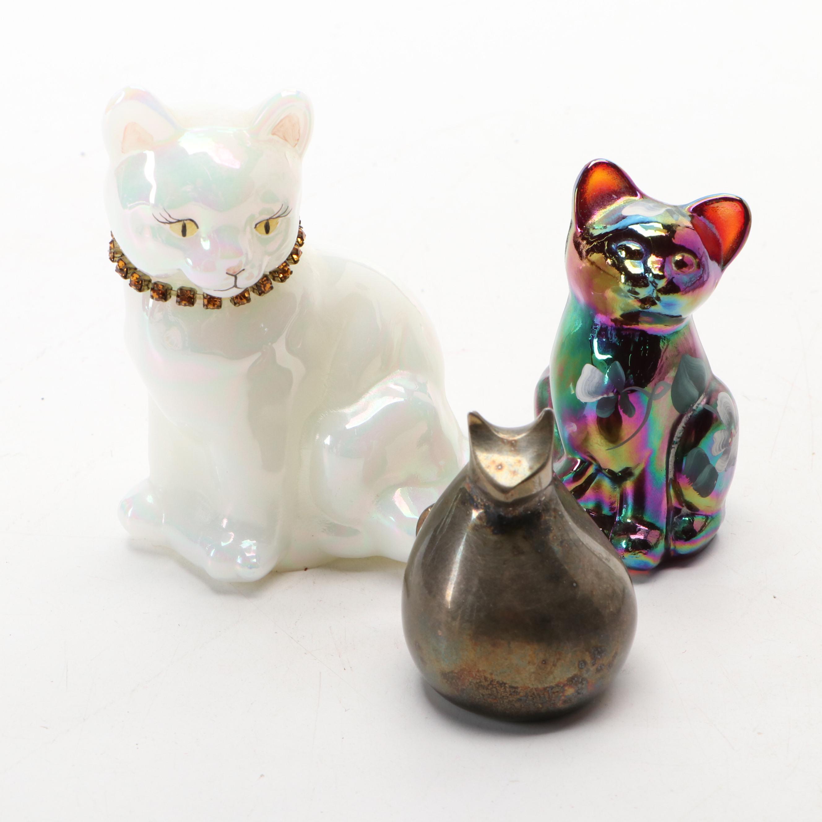 Fenton and Dansk Cat Figurines with Heisey Glass Bowl