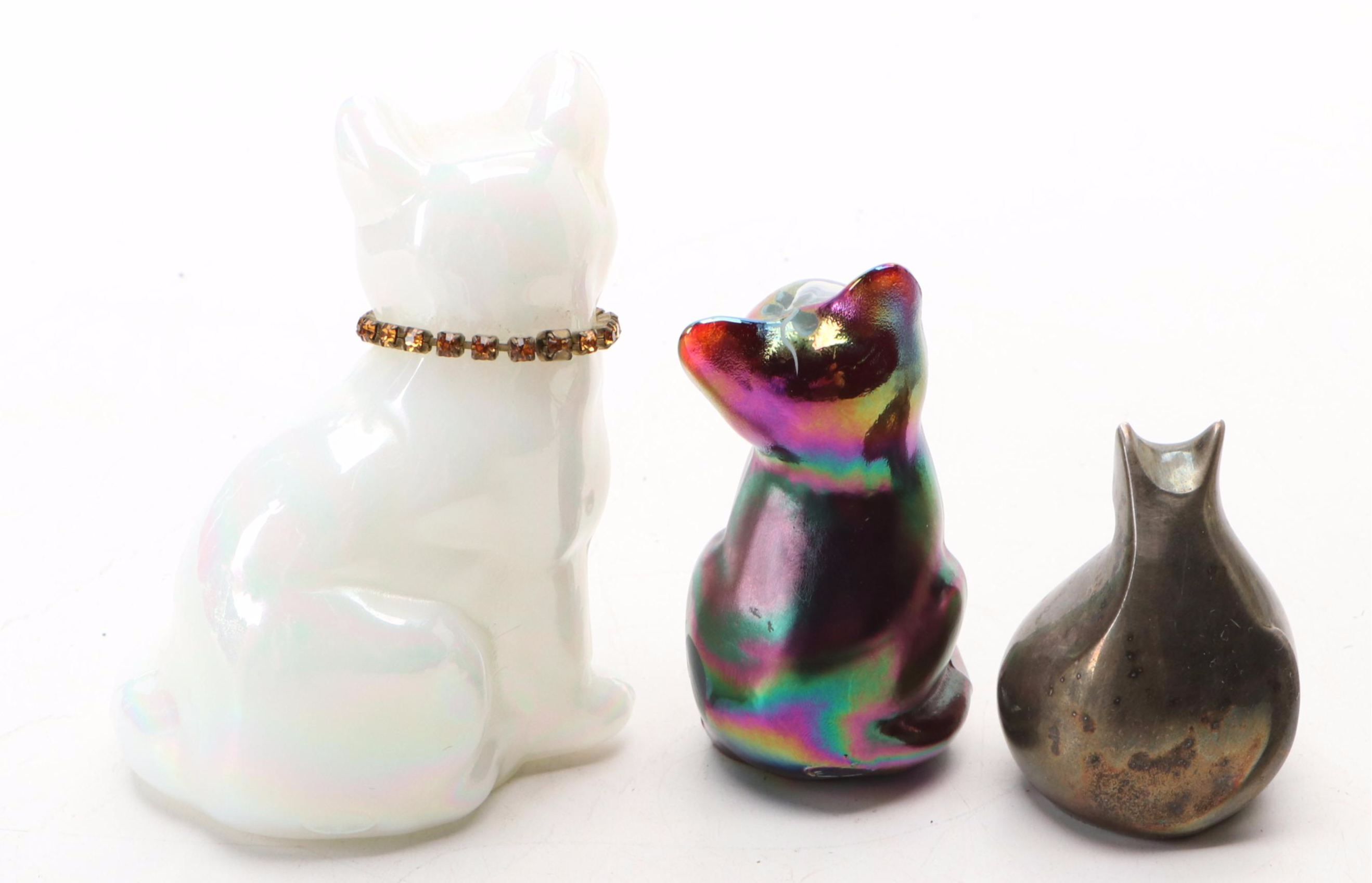 Fenton and Dansk Cat Figurines with Heisey Glass Bowl