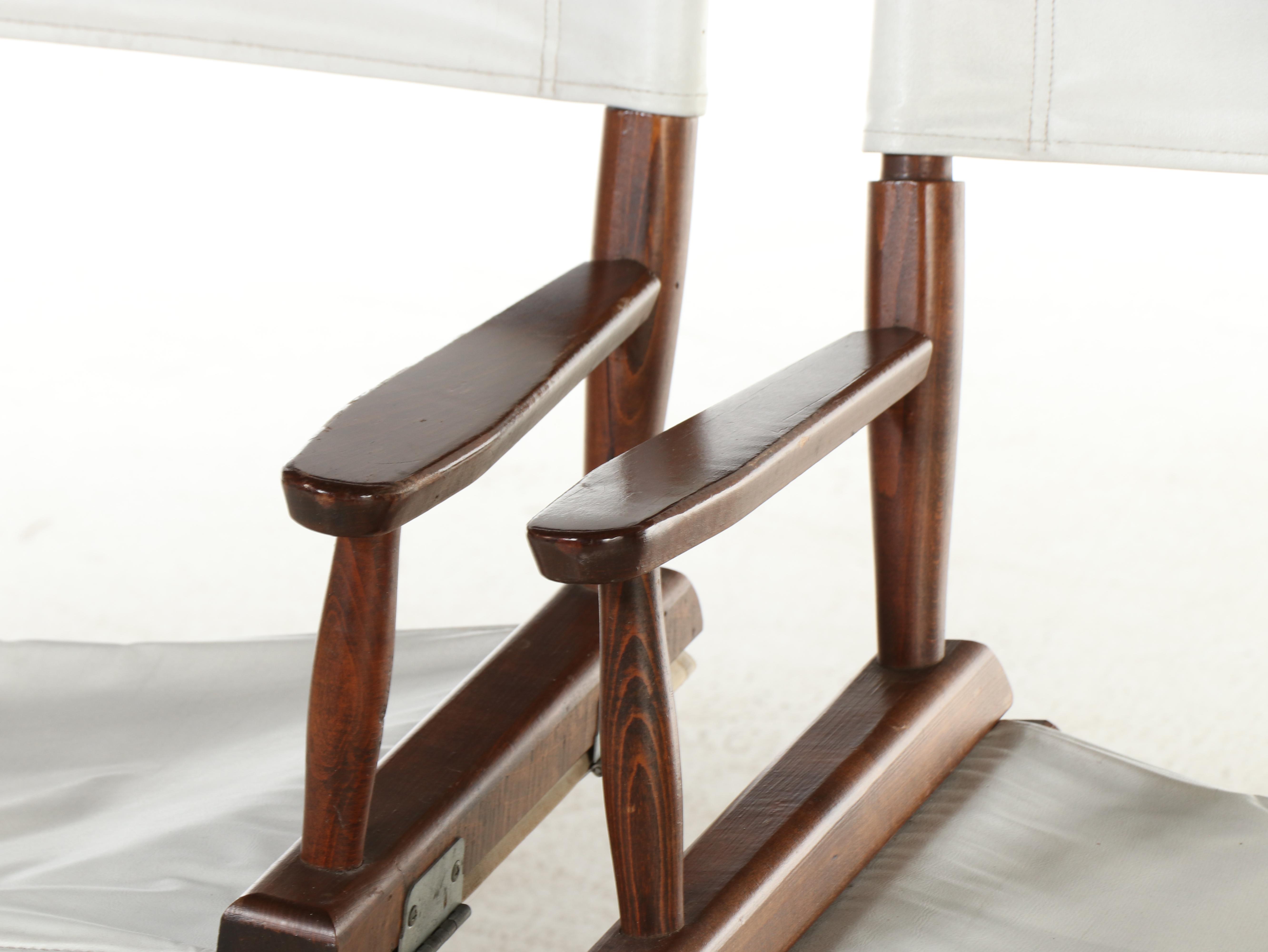 Pair of Gold Medal Folding Furniture Co. Maple and Vinyl Sling Director's Chairs