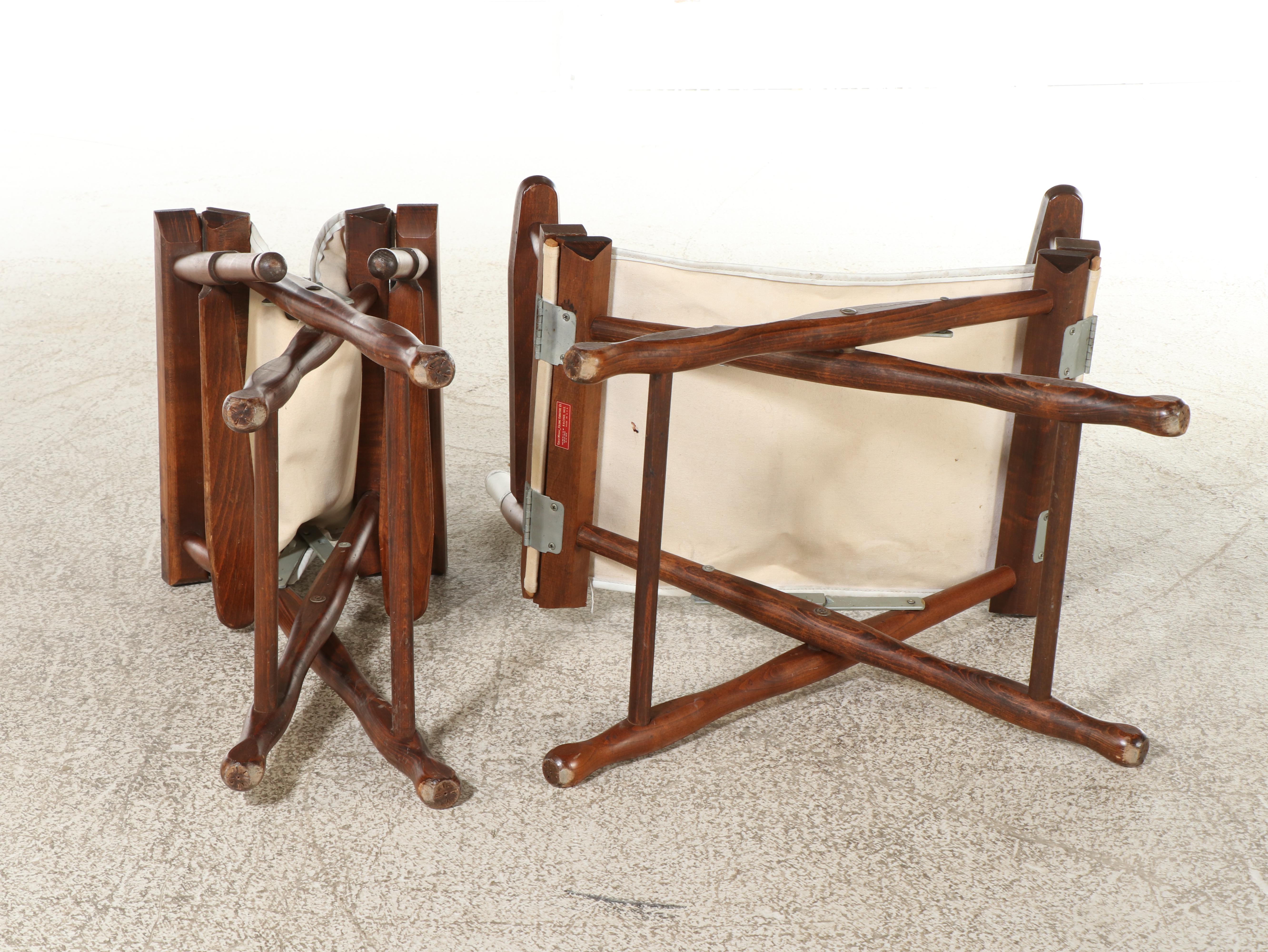 Pair of Gold Medal Folding Furniture Co. Maple and Vinyl Sling Director's Chairs