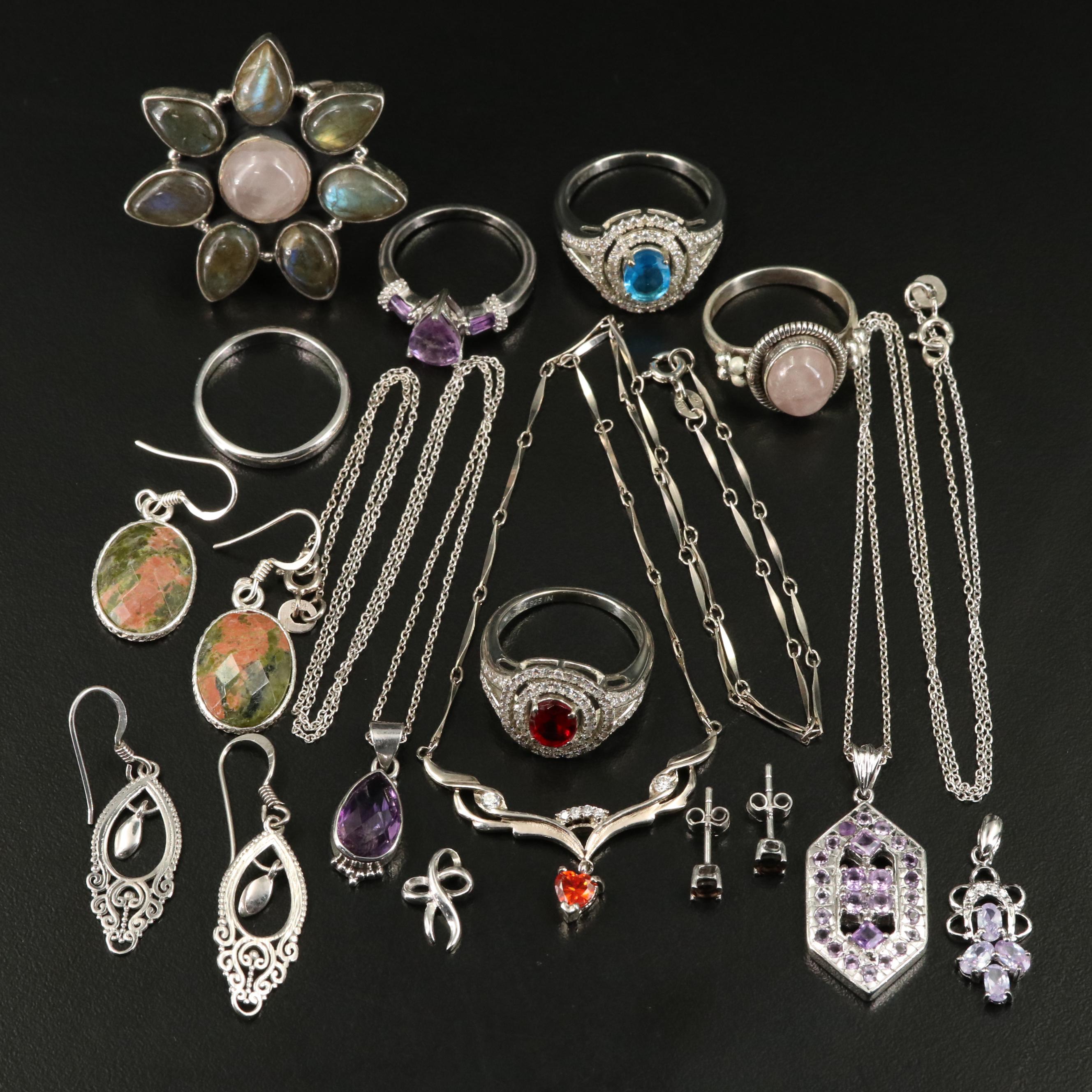 14 Assorted Sterling Silver Rings, Necklaces, Earrings, and Pendants