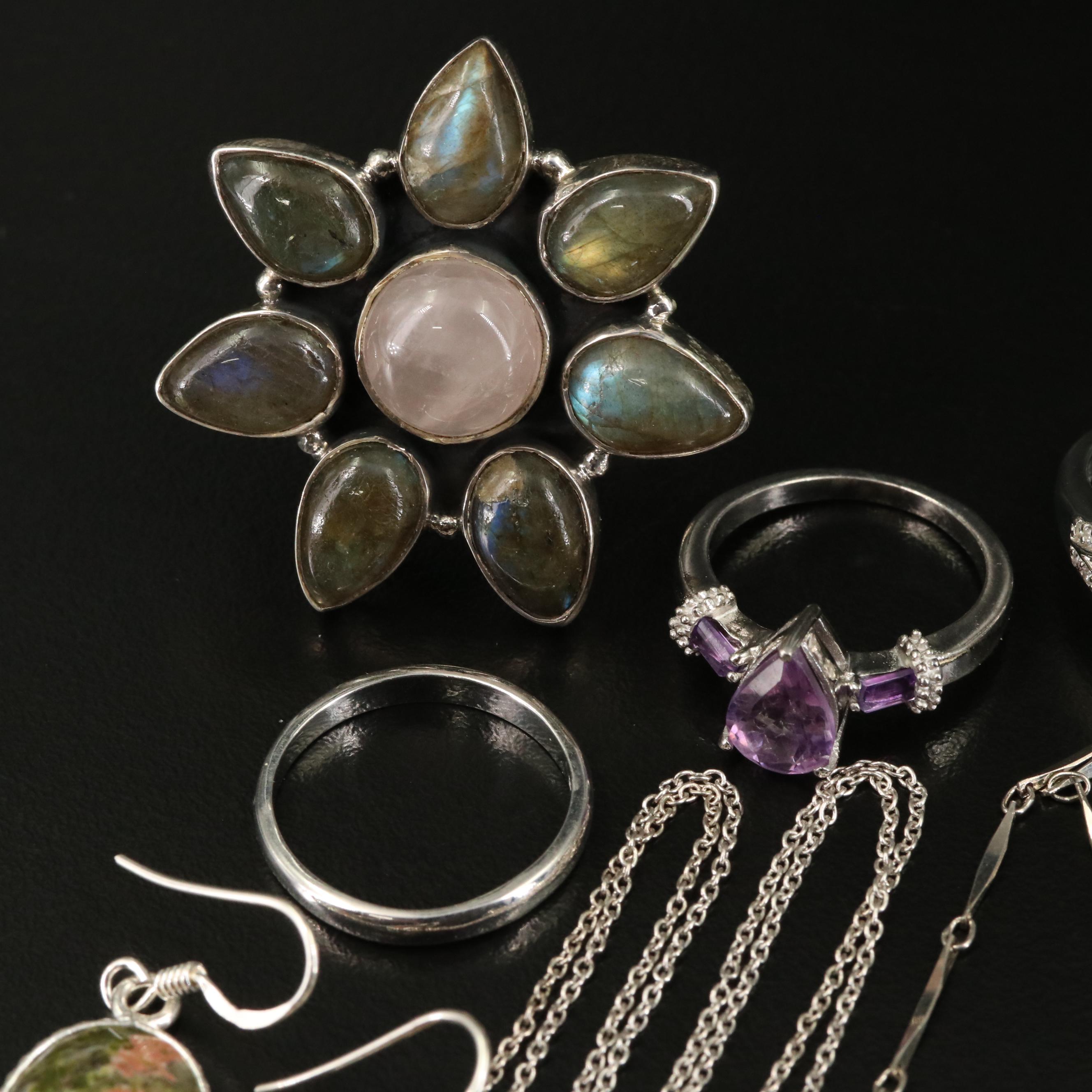 14 Assorted Sterling Silver Rings, Necklaces, Earrings, and Pendants