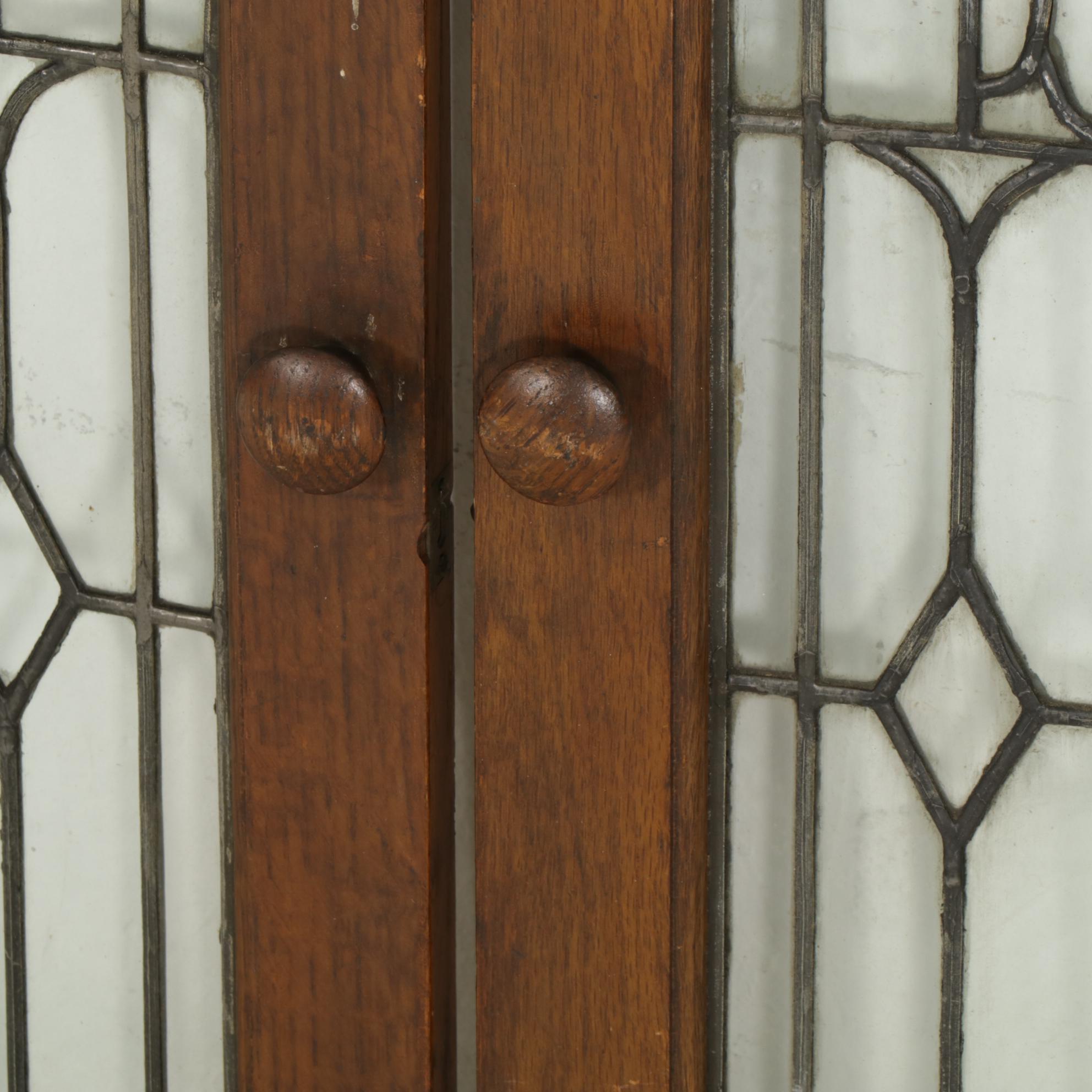 Pair of Oak Framed Leaded Glass Cabinet Doors, Early to Mid-20th Century