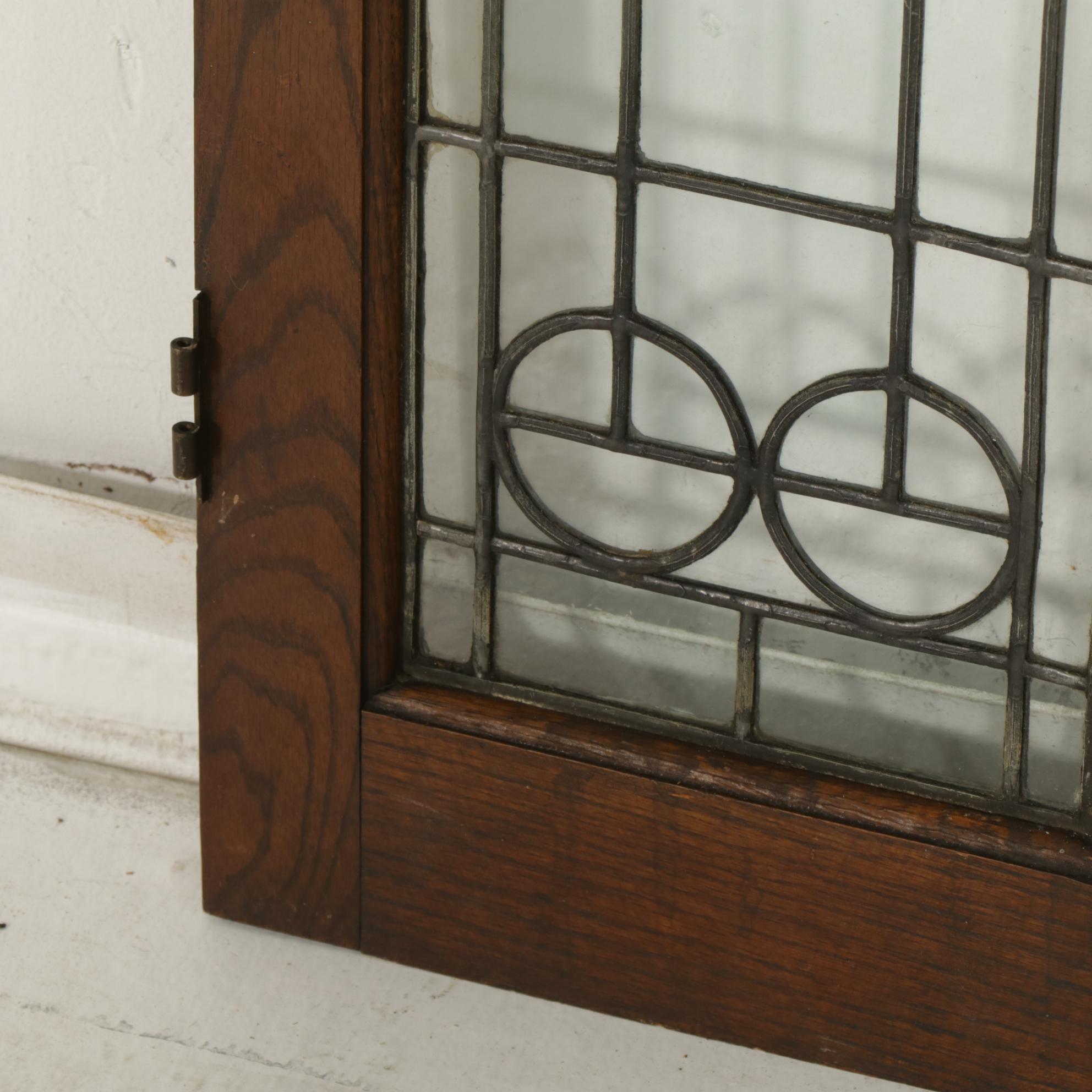 Pair of Oak Framed Leaded Glass Cabinet Doors, Early to Mid-20th Century