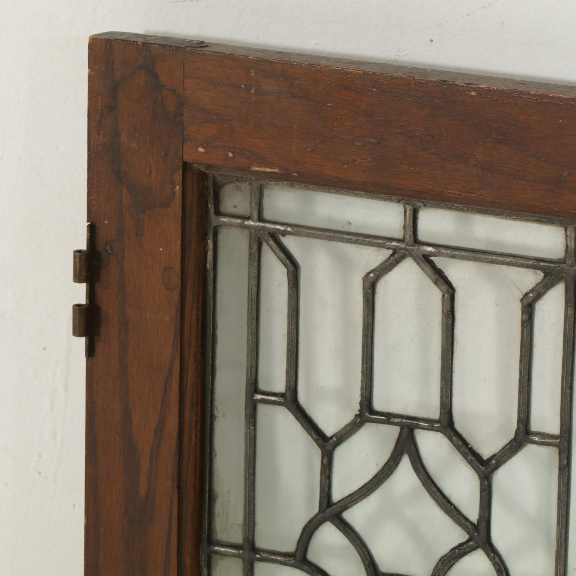 Pair of Oak Framed Leaded Glass Cabinet Doors, Early to Mid-20th Century