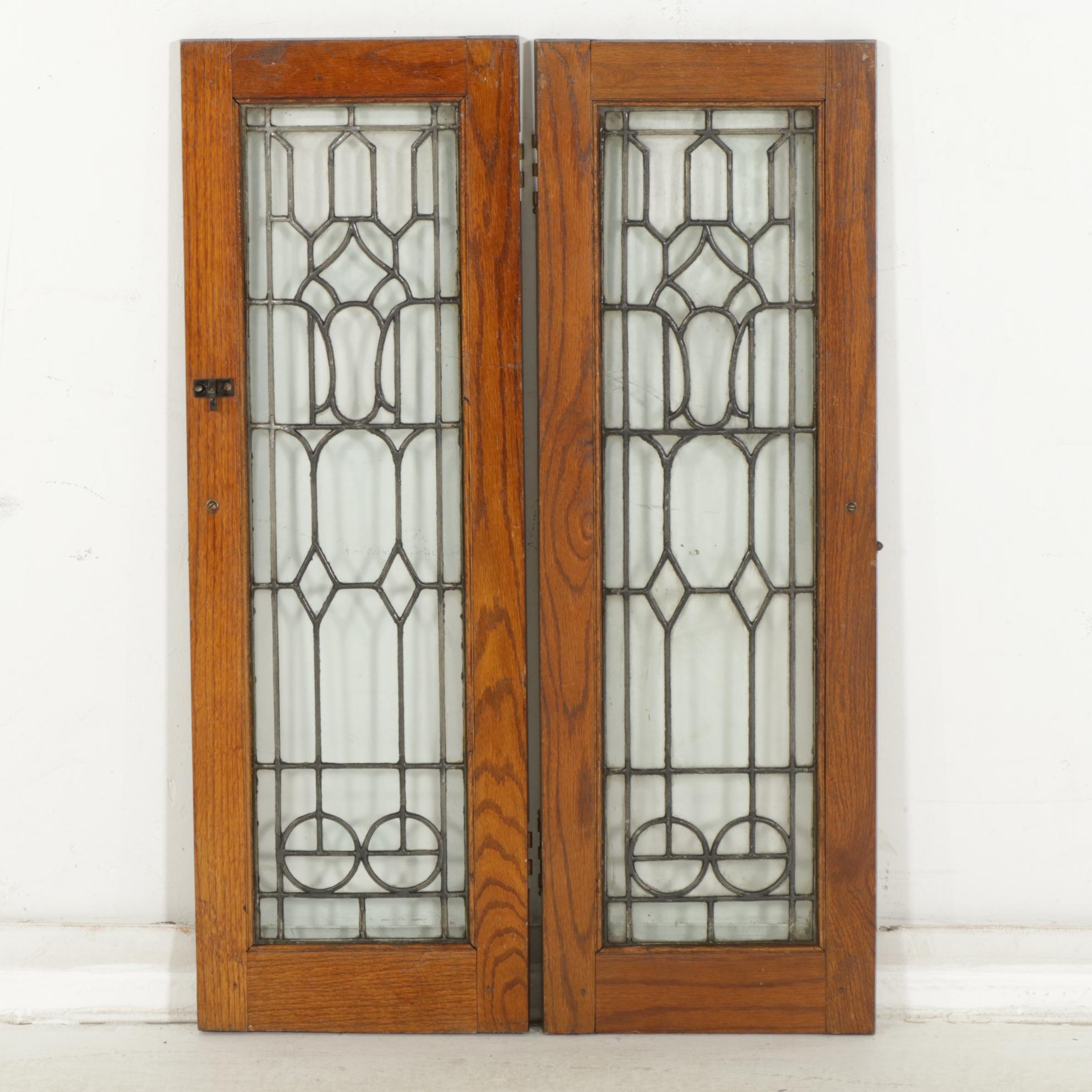 Pair of Oak Framed Leaded Glass Cabinet Doors, Early to Mid-20th Century