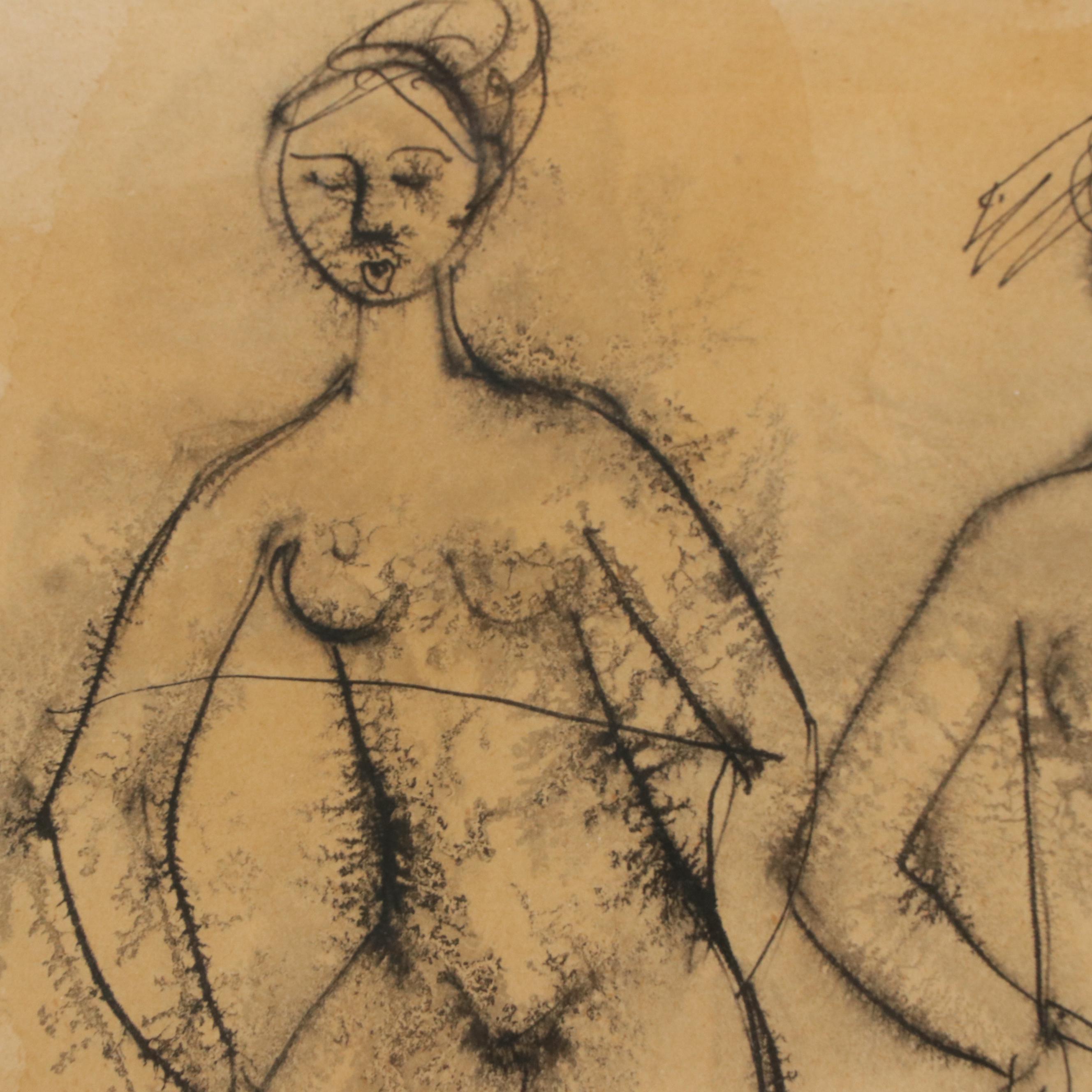 Solange Bertrand Gestural Figurative Ink Drawing, 1955