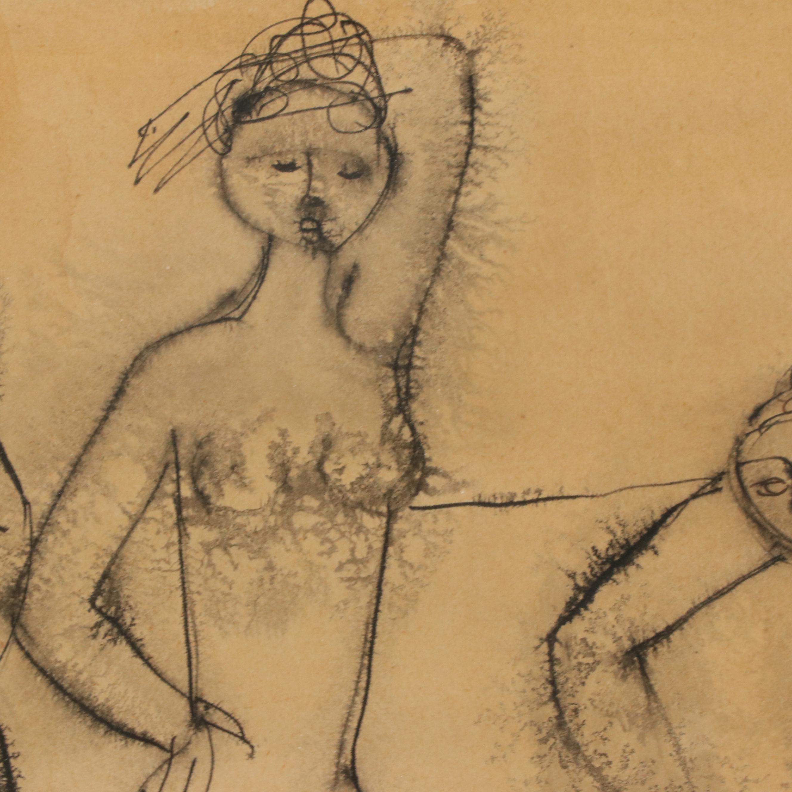 Solange Bertrand Gestural Figurative Ink Drawing, 1955