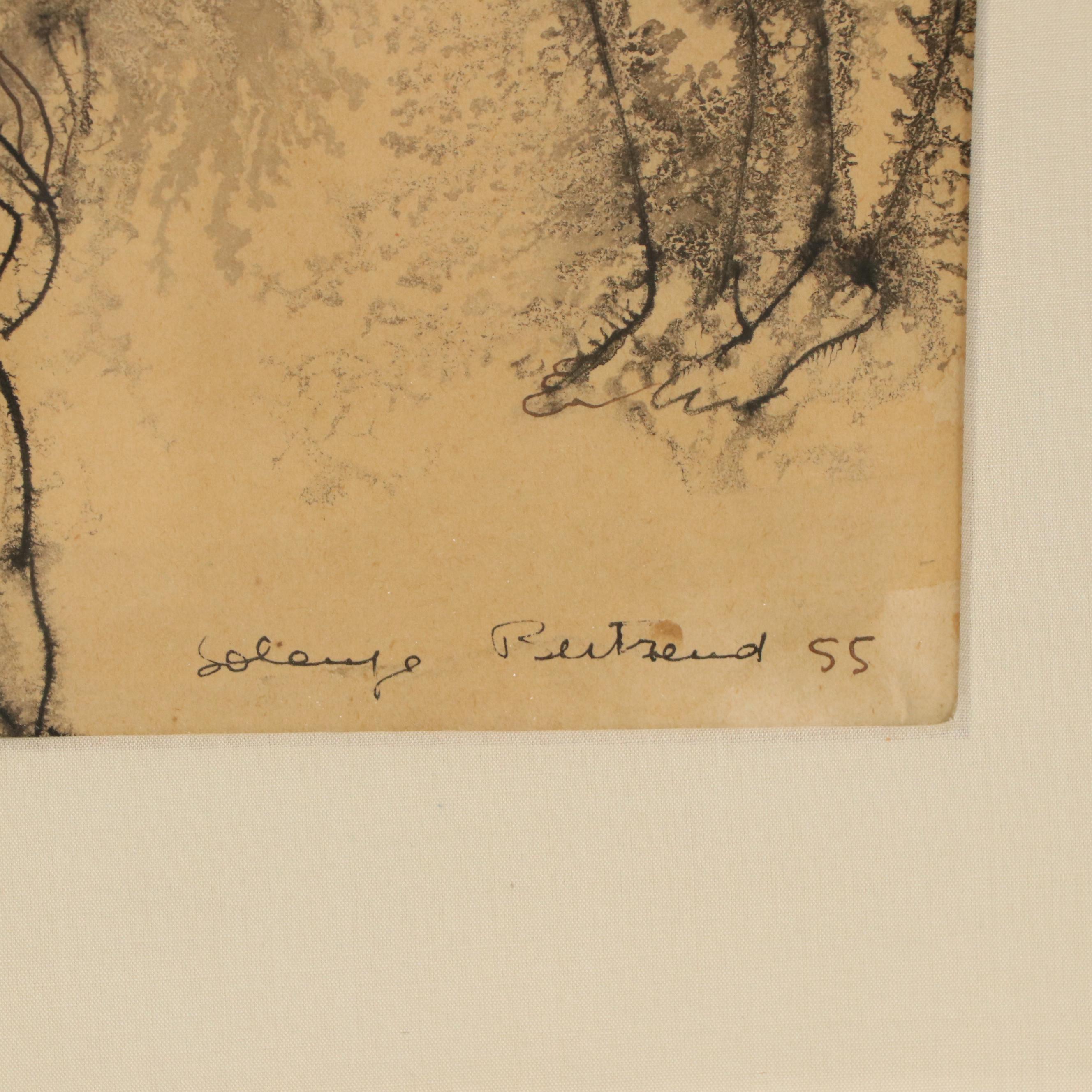 Solange Bertrand Gestural Figurative Ink Drawing, 1955