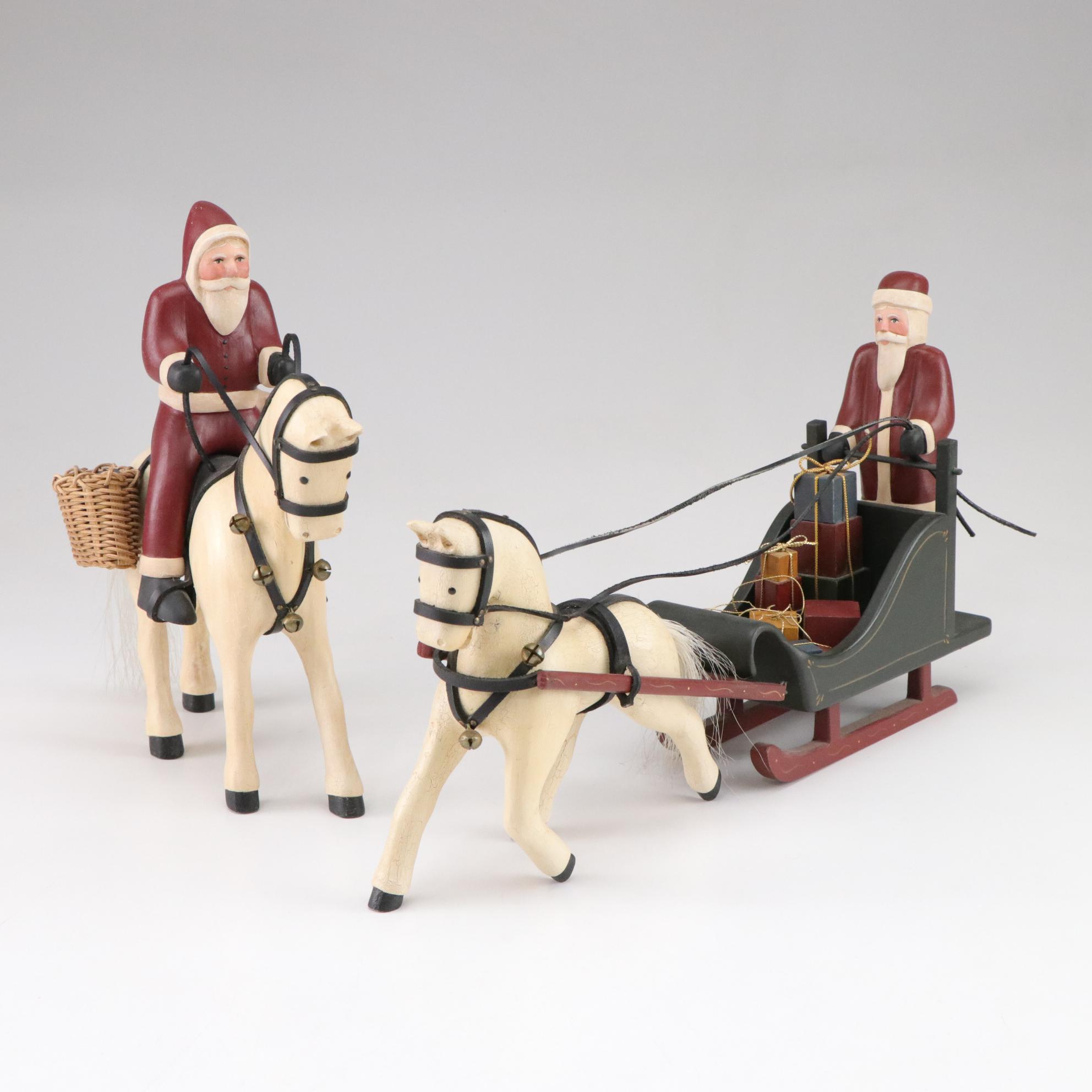 Mark Glandon Folk Art Carved Wooden Santa Figurines with Horses