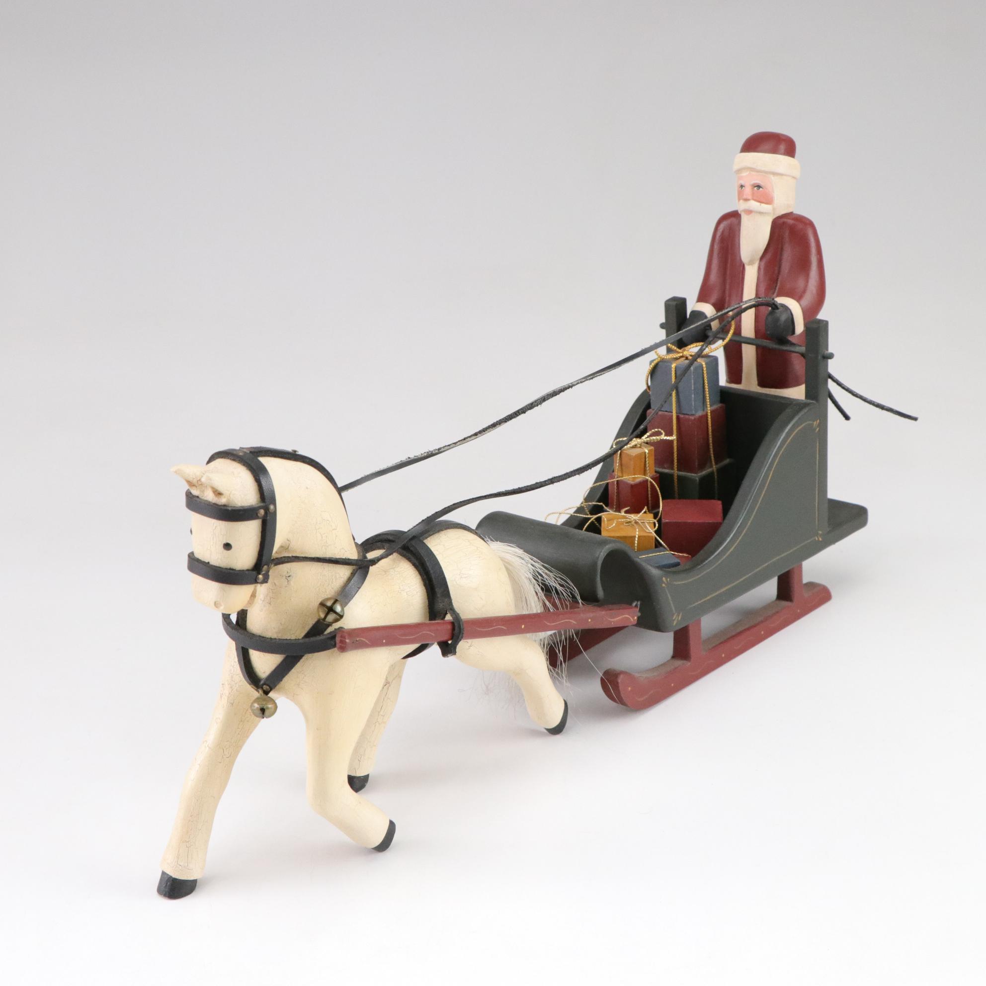 Mark Glandon Folk Art Carved Wooden Santa Figurines with Horses