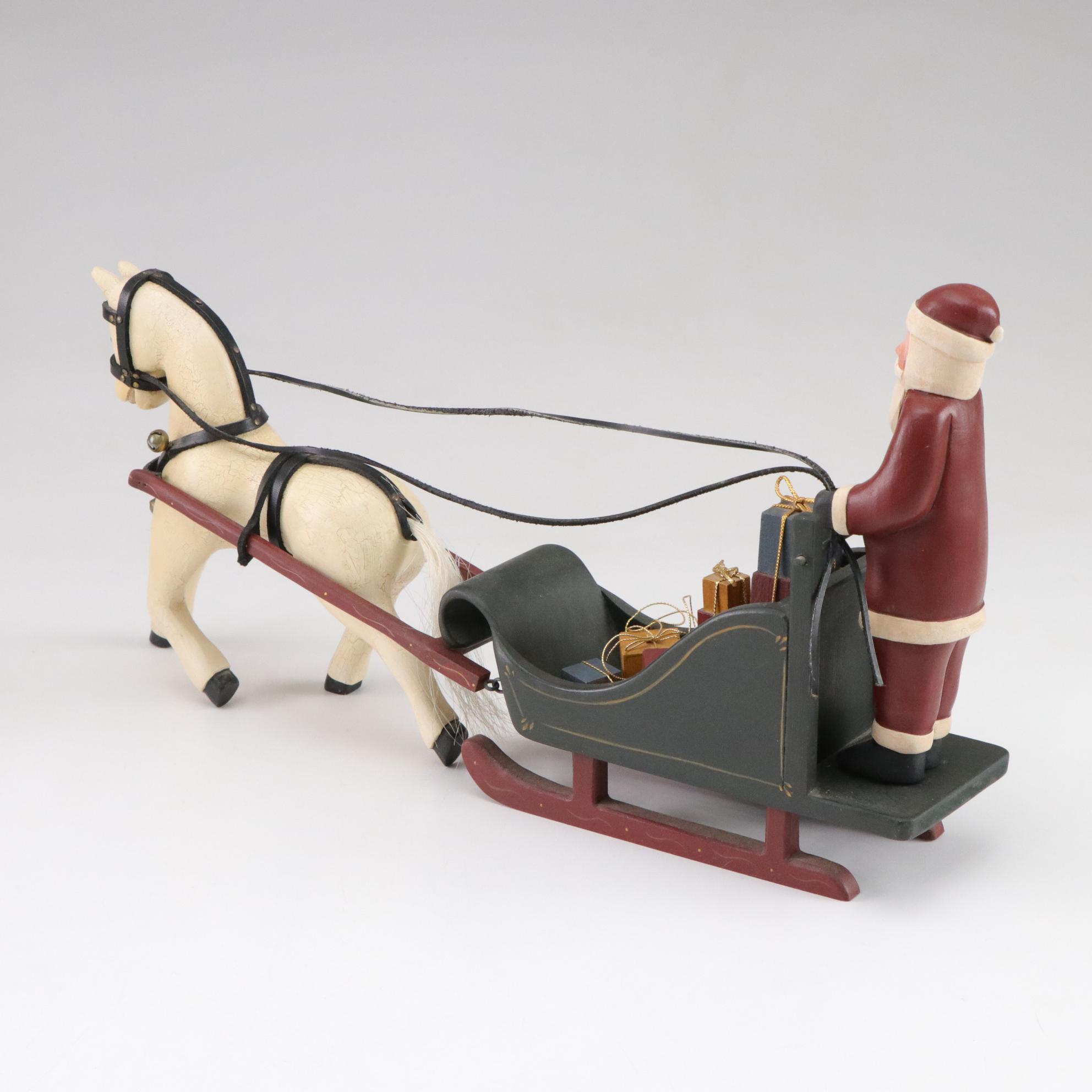 Mark Glandon Folk Art Carved Wooden Santa Figurines with Horses
