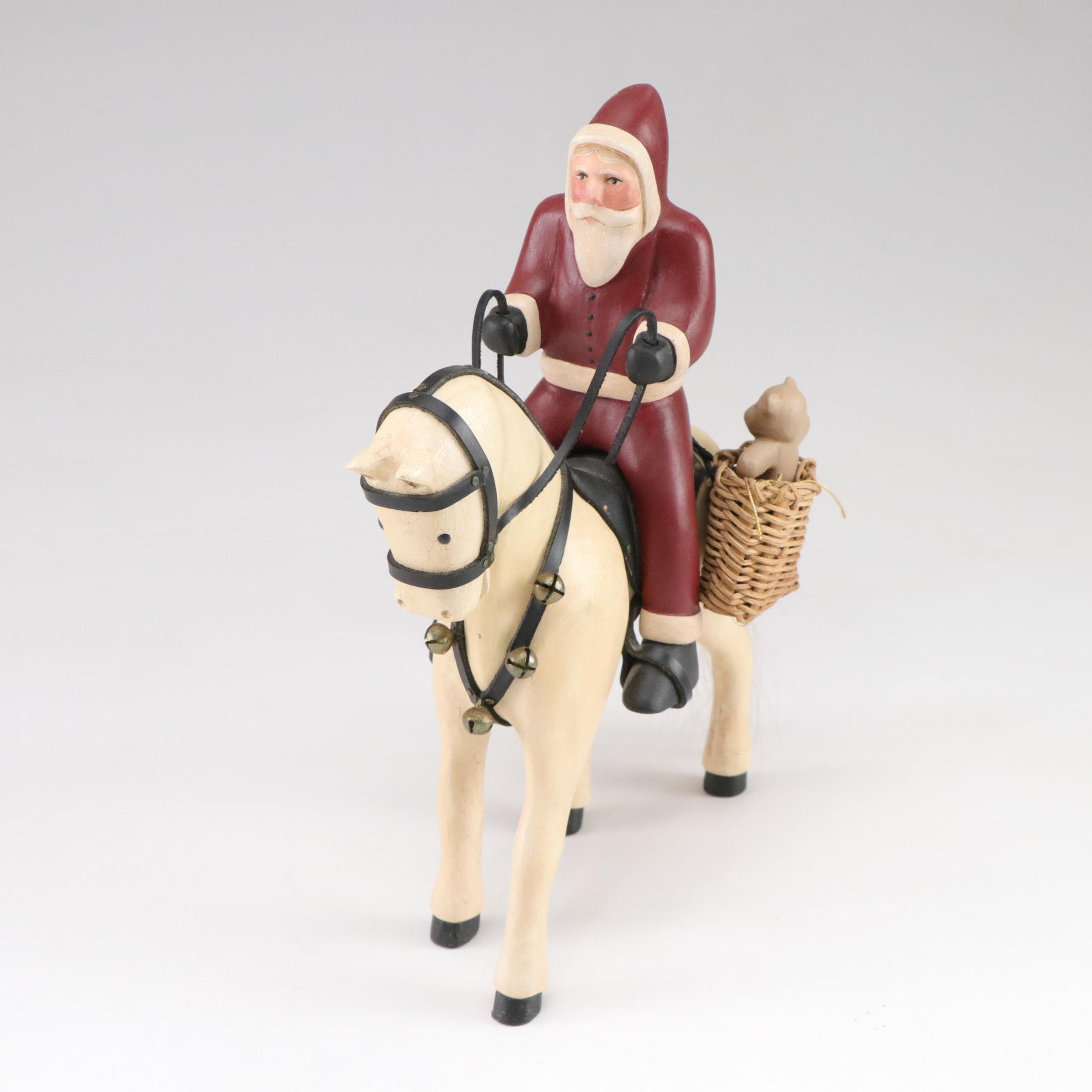Mark Glandon Folk Art Carved Wooden Santa Figurines with Horses