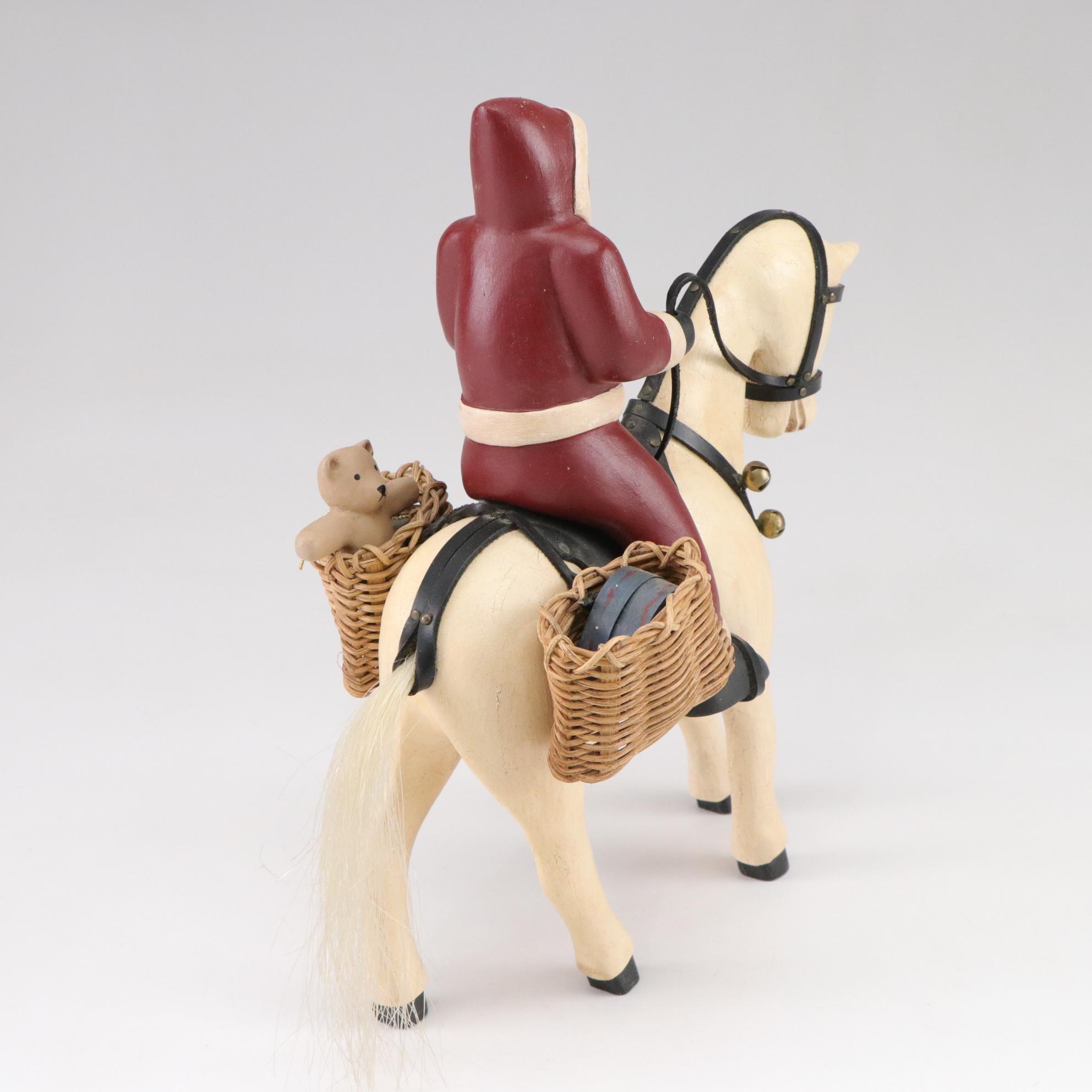 Mark Glandon Folk Art Carved Wooden Santa Figurines with Horses