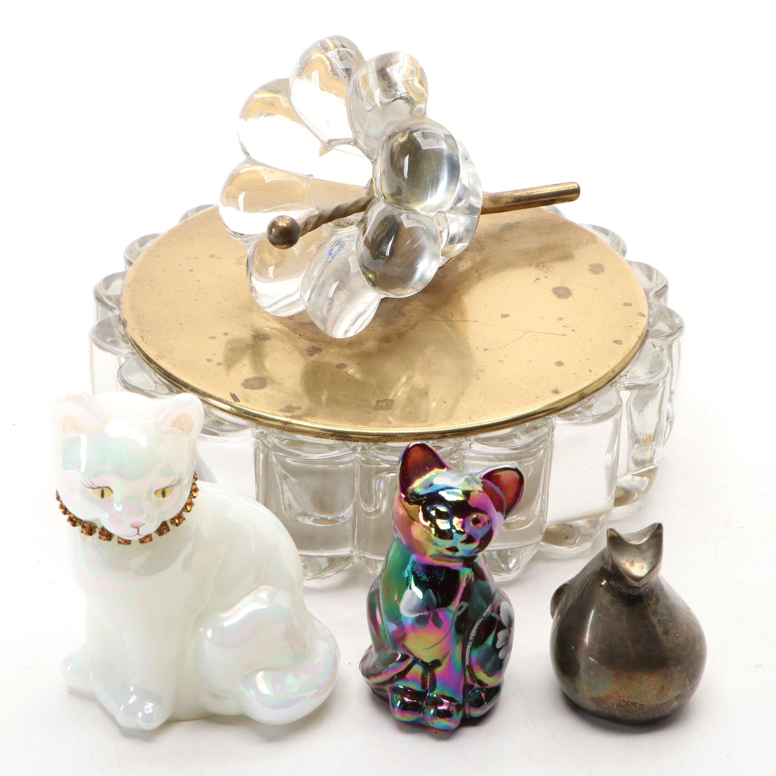 Fenton and Dansk Cat Figurines with Heisey Glass Bowl