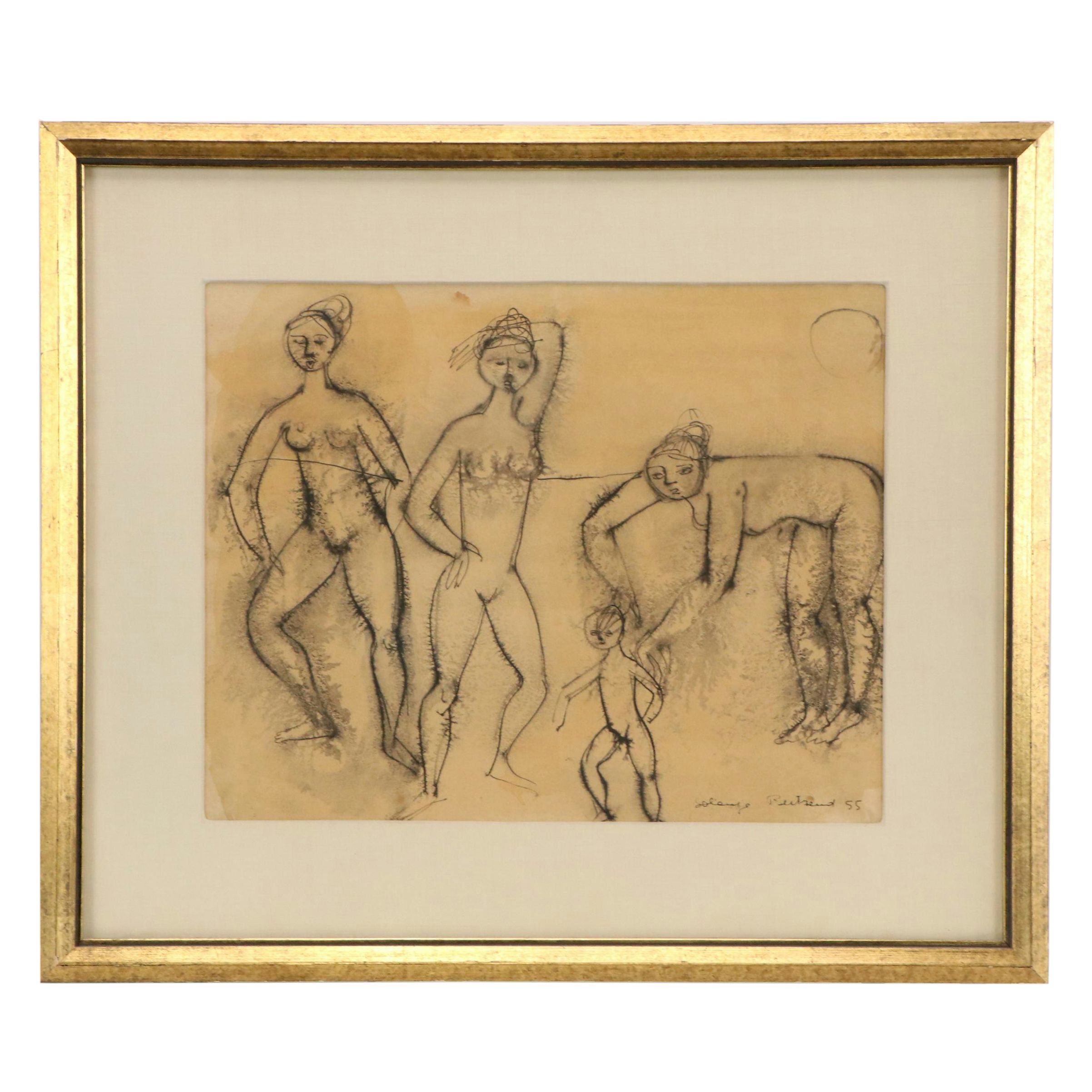 Solange Bertrand Gestural Figurative Ink Drawing, 1955