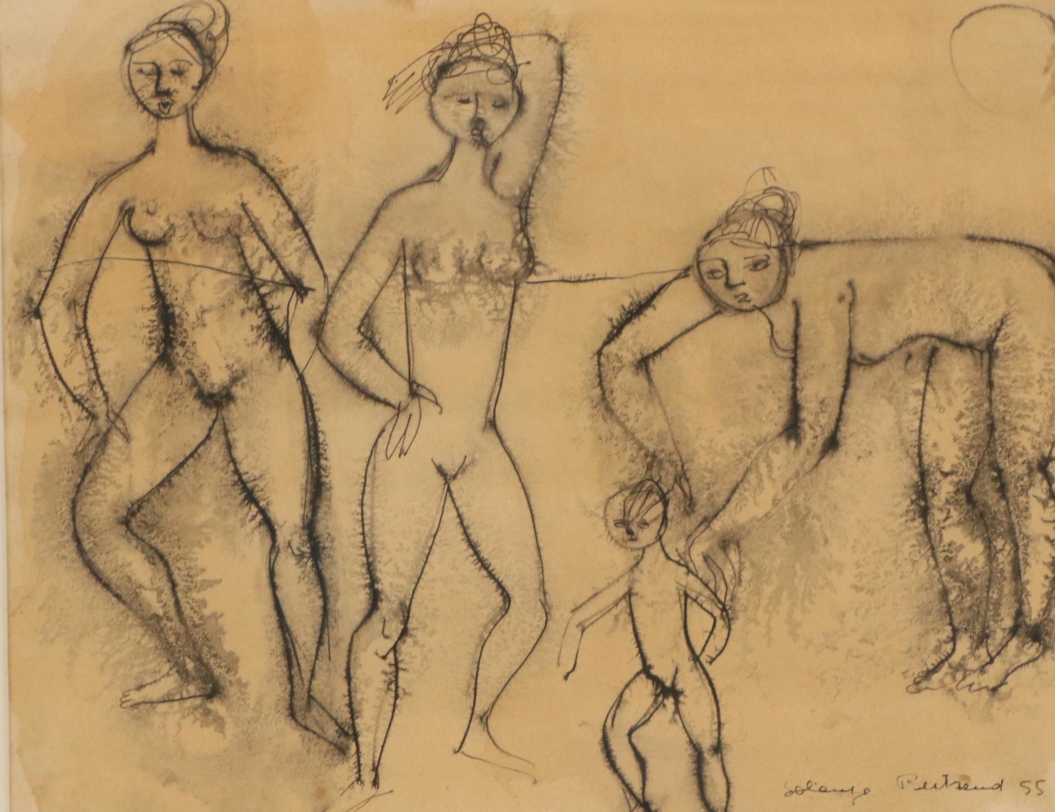 Solange Bertrand Gestural Figurative Ink Drawing, 1955