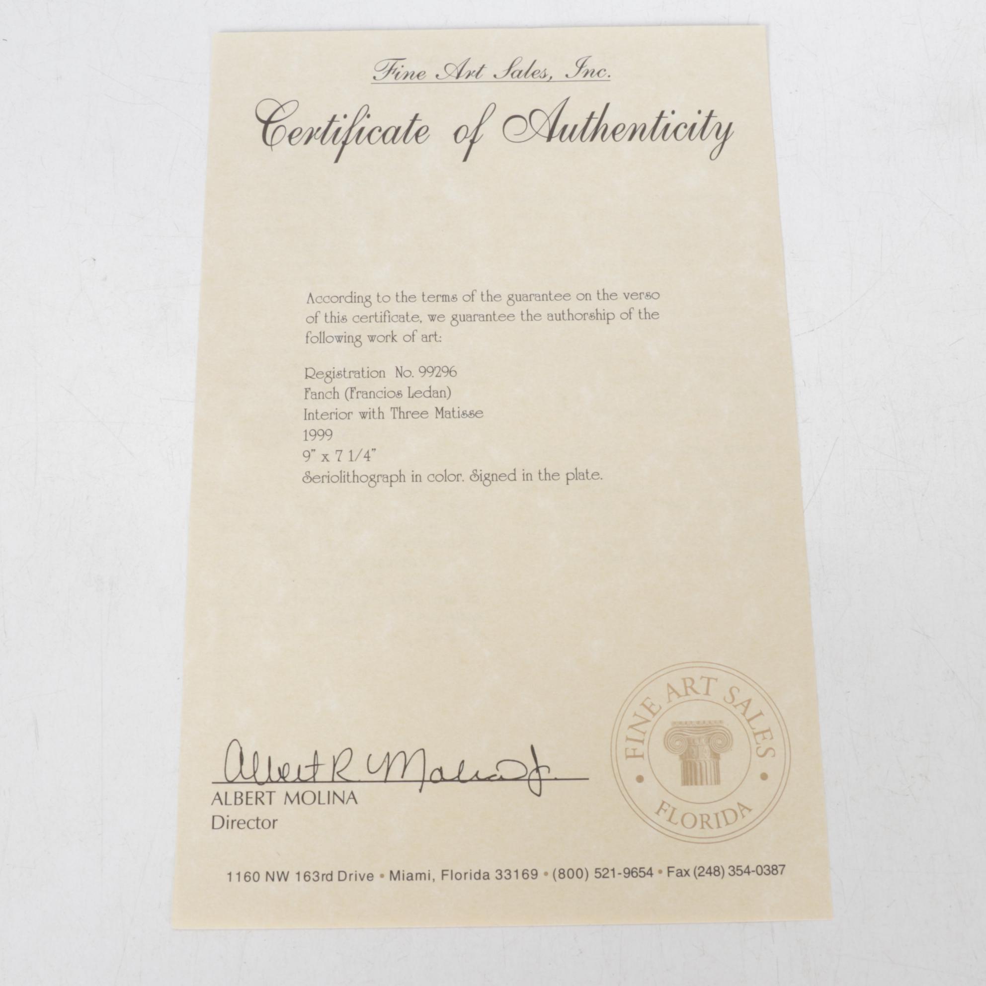 Fanch Ledan Seriolithograph "Interior With Three Matisse," 1999