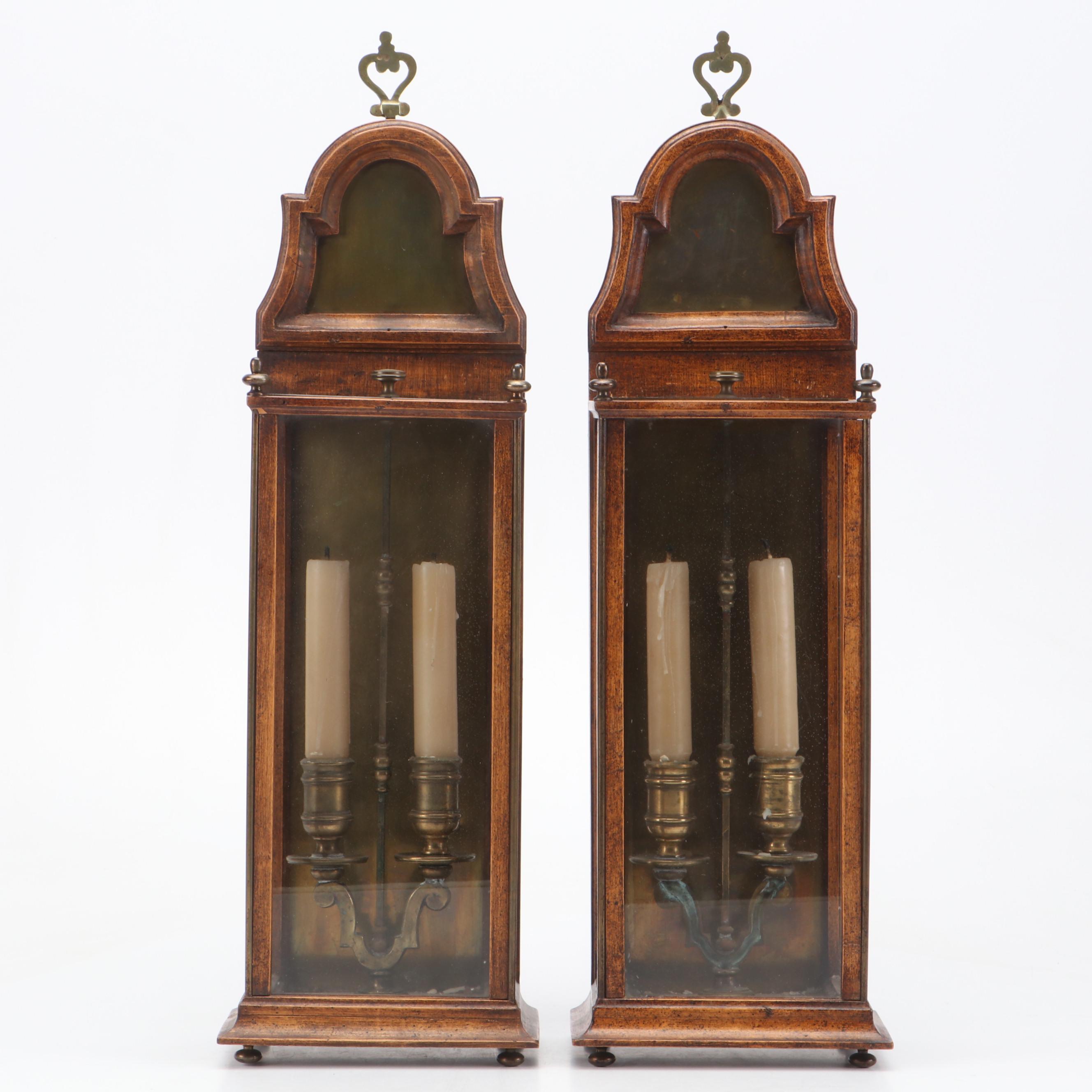 Georgian Style Wooden Wall Hanging Candle Lanterns with Brass Gallery Tray