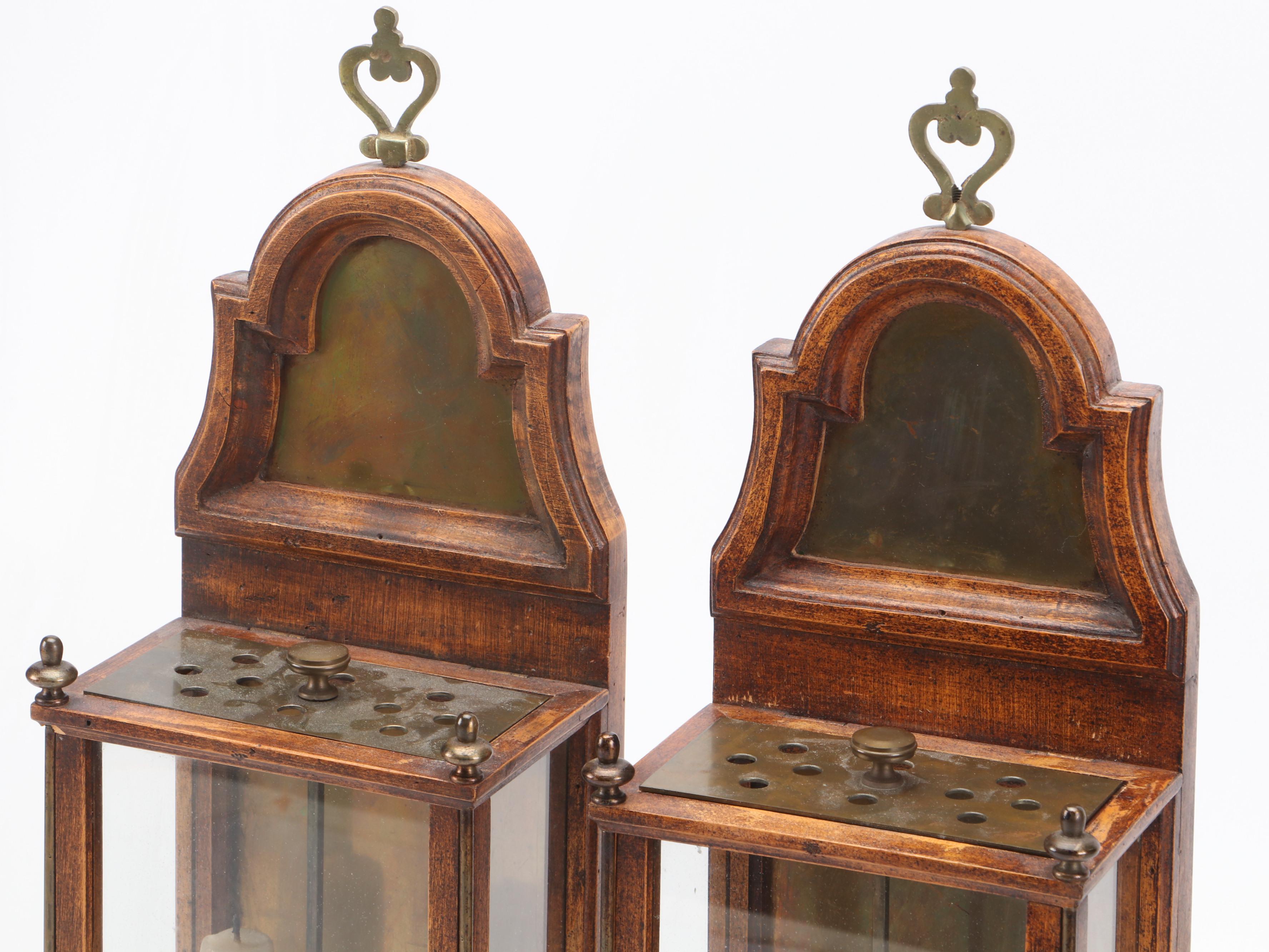 Georgian Style Wooden Wall Hanging Candle Lanterns with Brass Gallery Tray