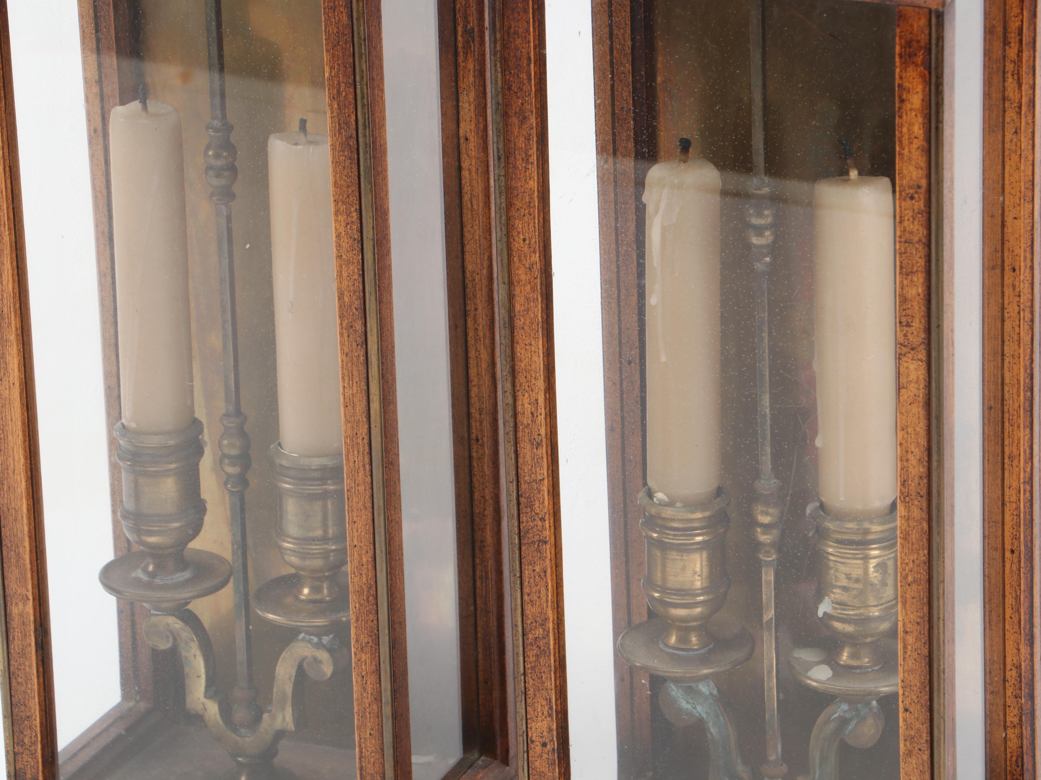 Georgian Style Wooden Wall Hanging Candle Lanterns with Brass Gallery Tray