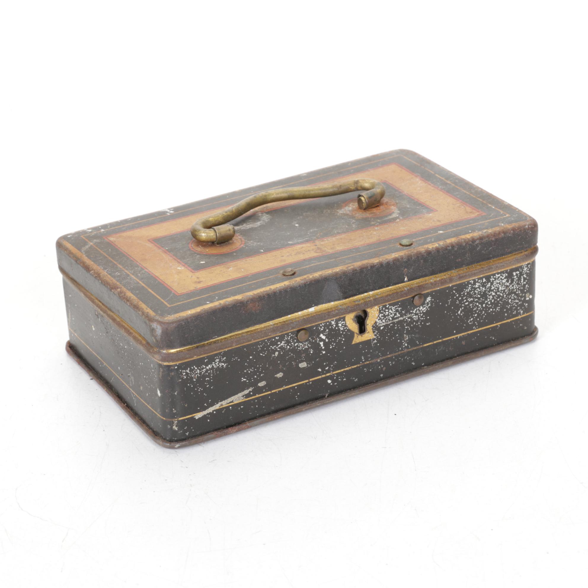 Brook's Spool Cotton Tin Box with Toleware Cash Boxes, Late 19th/Early 20th C.