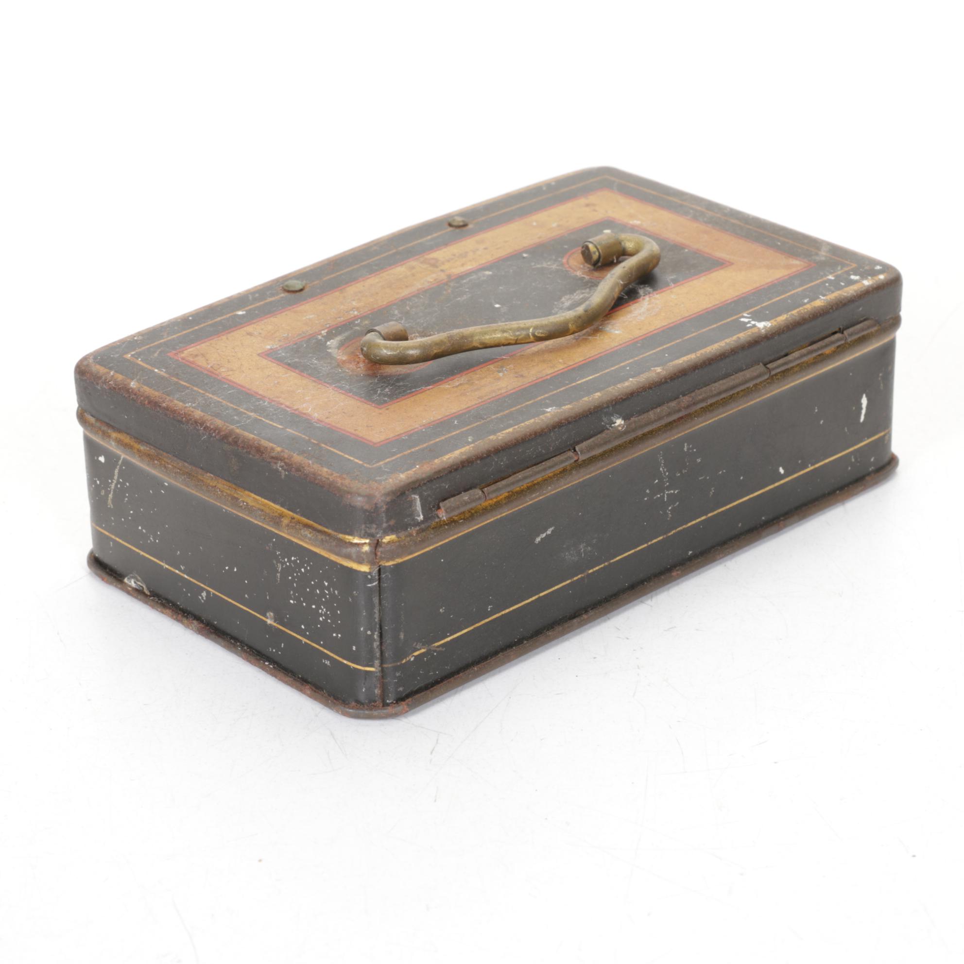 Brook's Spool Cotton Tin Box with Toleware Cash Boxes, Late 19th/Early 20th C.