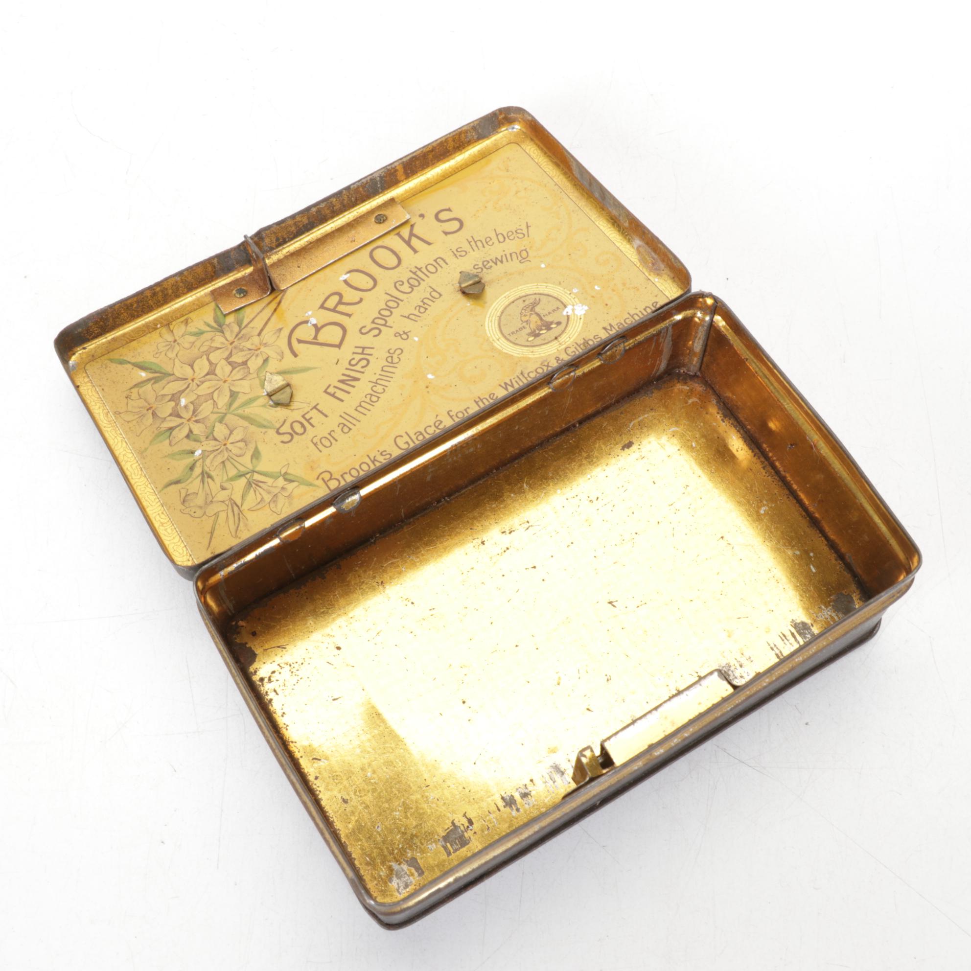 Brook's Spool Cotton Tin Box with Toleware Cash Boxes, Late 19th/Early 20th C.