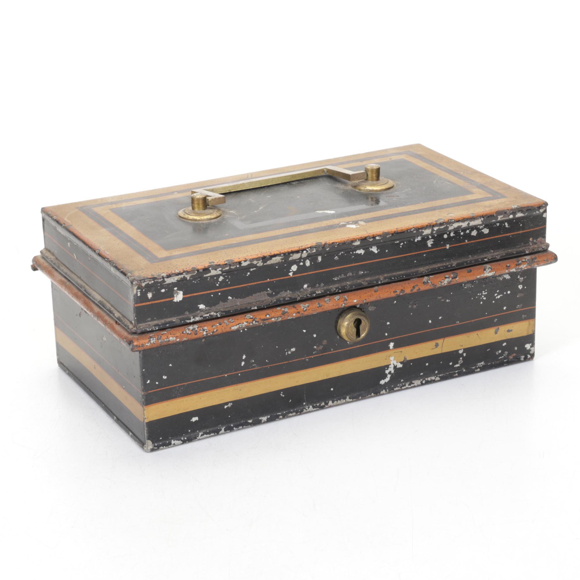 Brook's Spool Cotton Tin Box with Toleware Cash Boxes, Late 19th/Early 20th C.