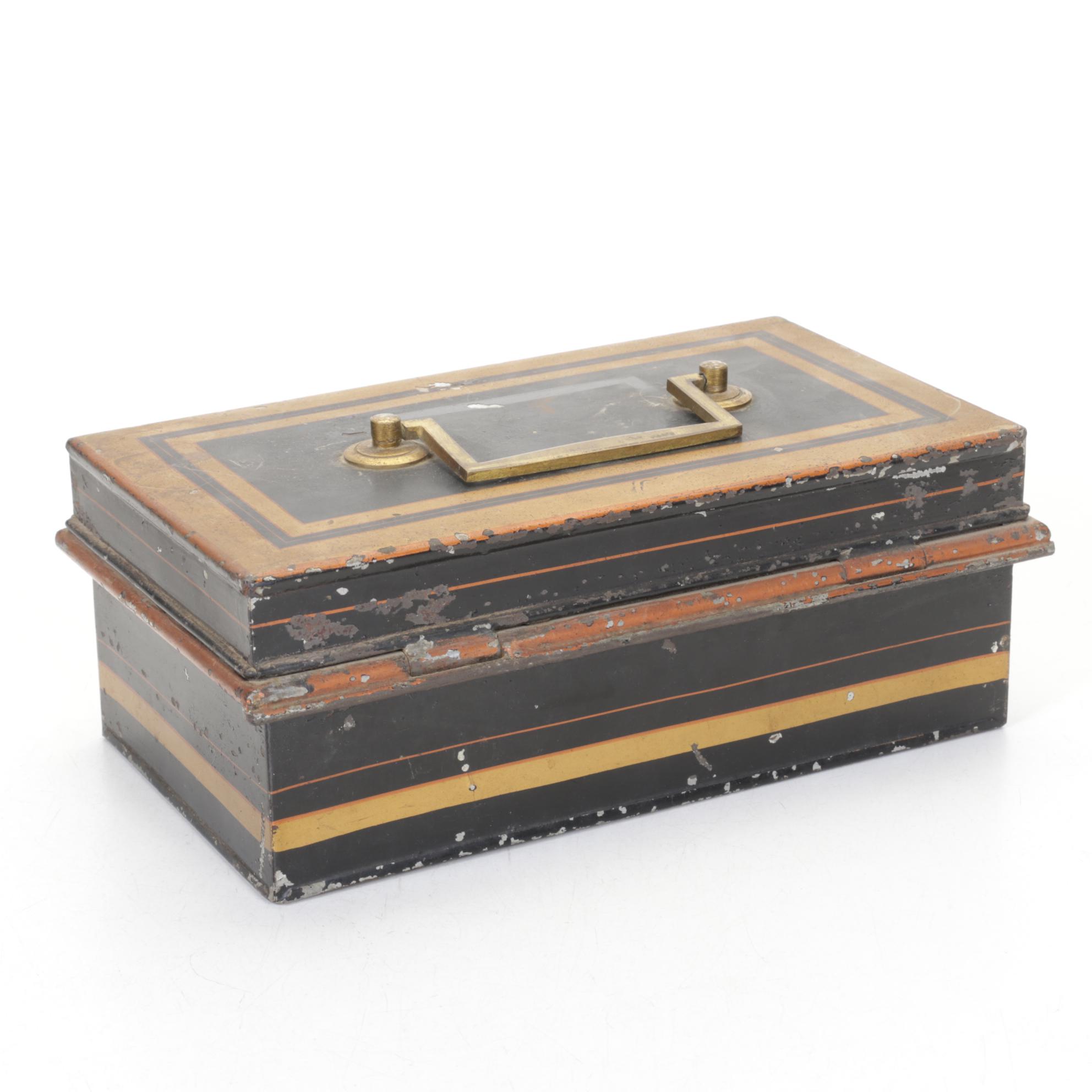 Brook's Spool Cotton Tin Box with Toleware Cash Boxes, Late 19th/Early 20th C.