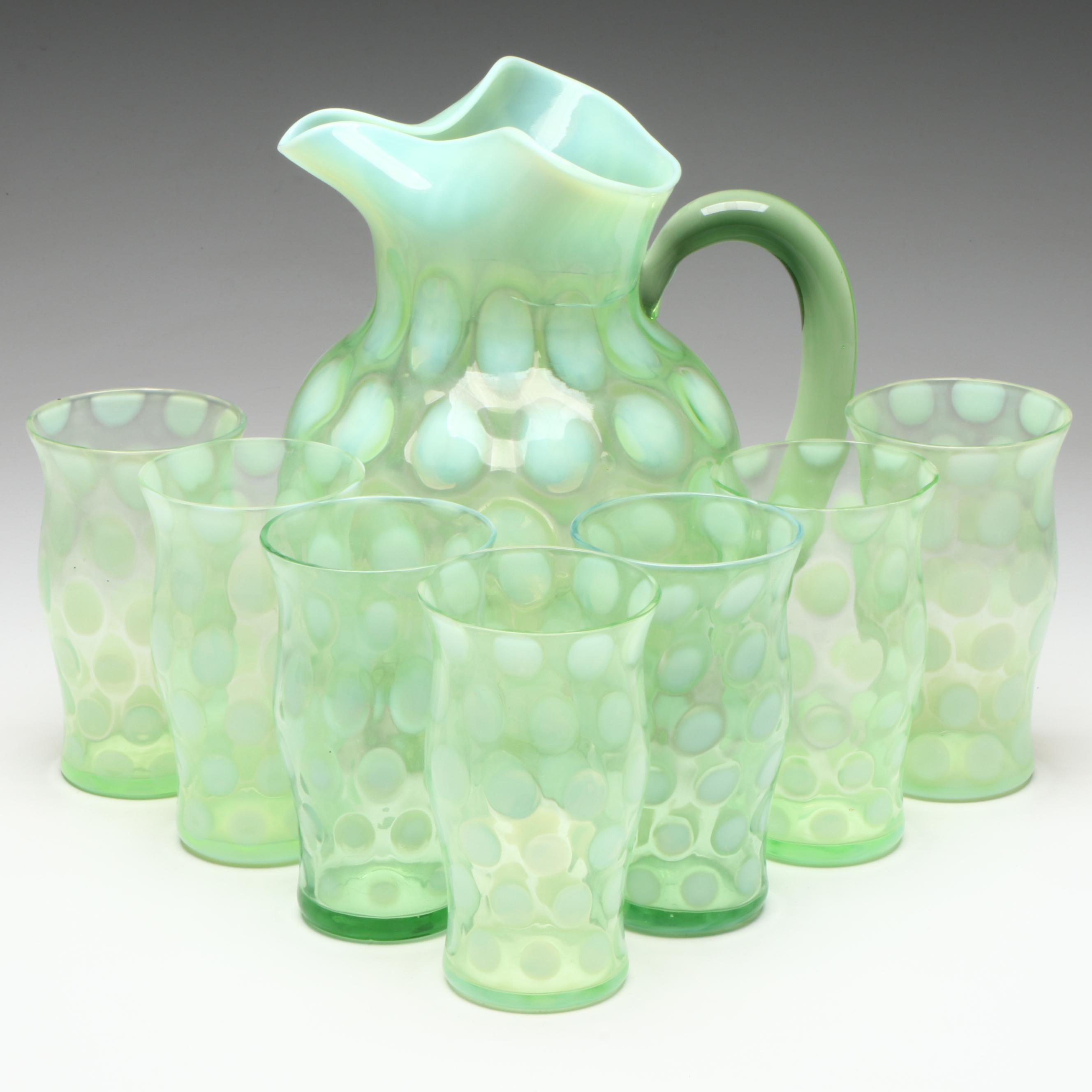 Fenton "Coin Dot Opalescent Lime" Uranium Glass Pitcher and Tumblers, 1953-1954
